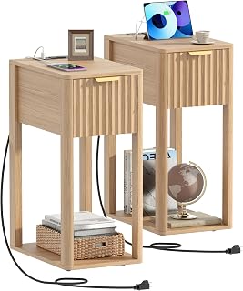 Akxomel Narrow Nightstand Set 2 with Charging Station Fluted Table Oak | Wooden Slim Bedside Table, Mid-Century Modern Night Stand with Drawer and Open Shelf, Small Side End Table, for Bedroom