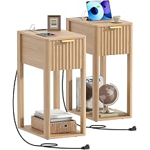 Akxomel Narrow Fluted Nightstands Set of 2, Wooden Slim Bedside Table with Charging Station, Mid-Century Modern Night Stand with Drawer and Open Shelf, Small Side End Table, for Bedroom, Natural Oak
