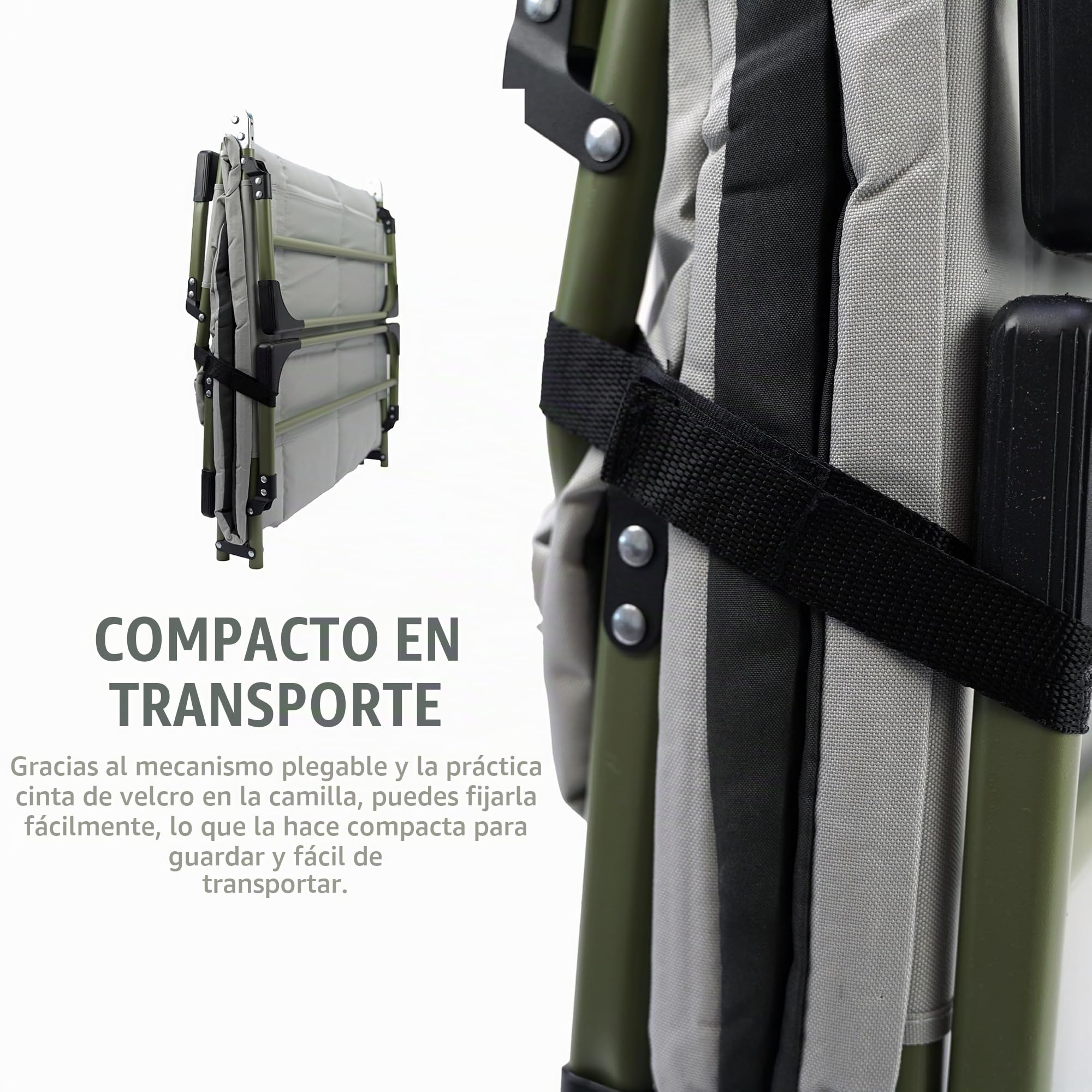 Cama de Camping Plegable - Respaldo Ajustable de 5 Posiciones - 4 Patas de Apoyo - Reposacabezas Acolchado - Bolsillo Lateral - Cama Camping Compacta - 195x65x27 cm