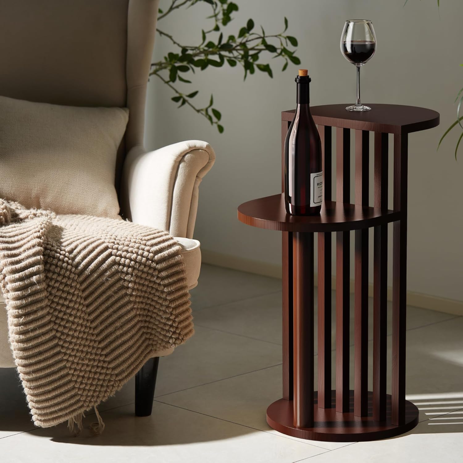 Mid Century Modern Side Table, Dark Wood Round End Table with 2 Shelves for Living Room 28 x 21 Inches, Round Side Table, Couch Table, Side Tables Living Room