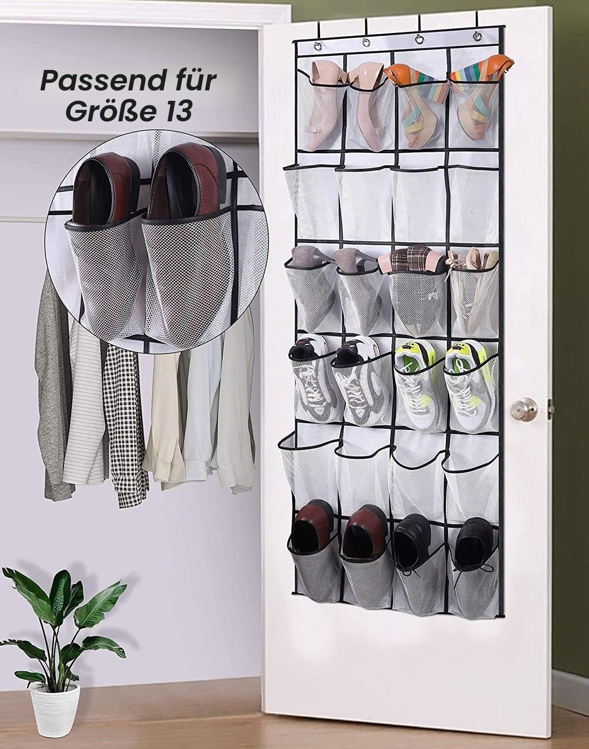 MISSLO Schuhorganizer Tür, Schuhaufbewahrung Hängend Regal mit 24 Großen Taschen Schuhhalter Platzsparend für Shrank, Camping mit 4 Haken (Weiß)