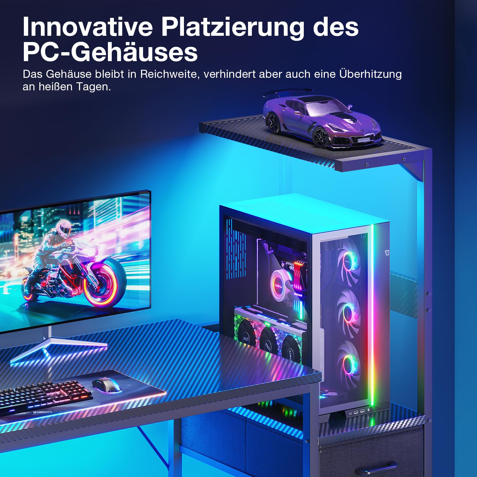 Coleshome Gaming Tisch mit LED-Beleuchtung,120×48cm Gaming Schreibtisch mit Schubladen und Regal, Umkehrbarer Computertisch mit Kopfhörerhalterung, Carbon Fiber Schwarz