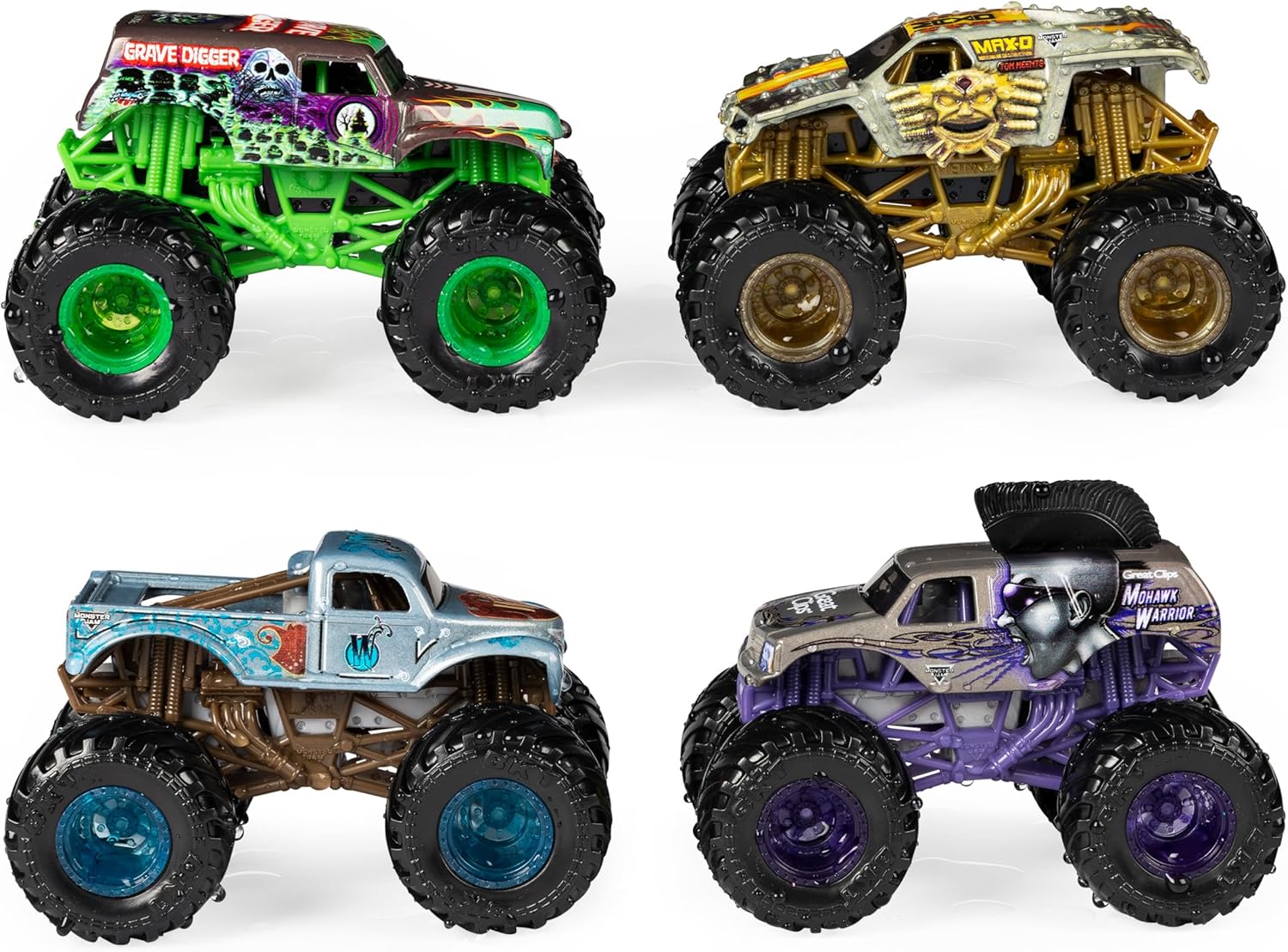Four Monster Jam trucks in their 'steel' color-changed state
