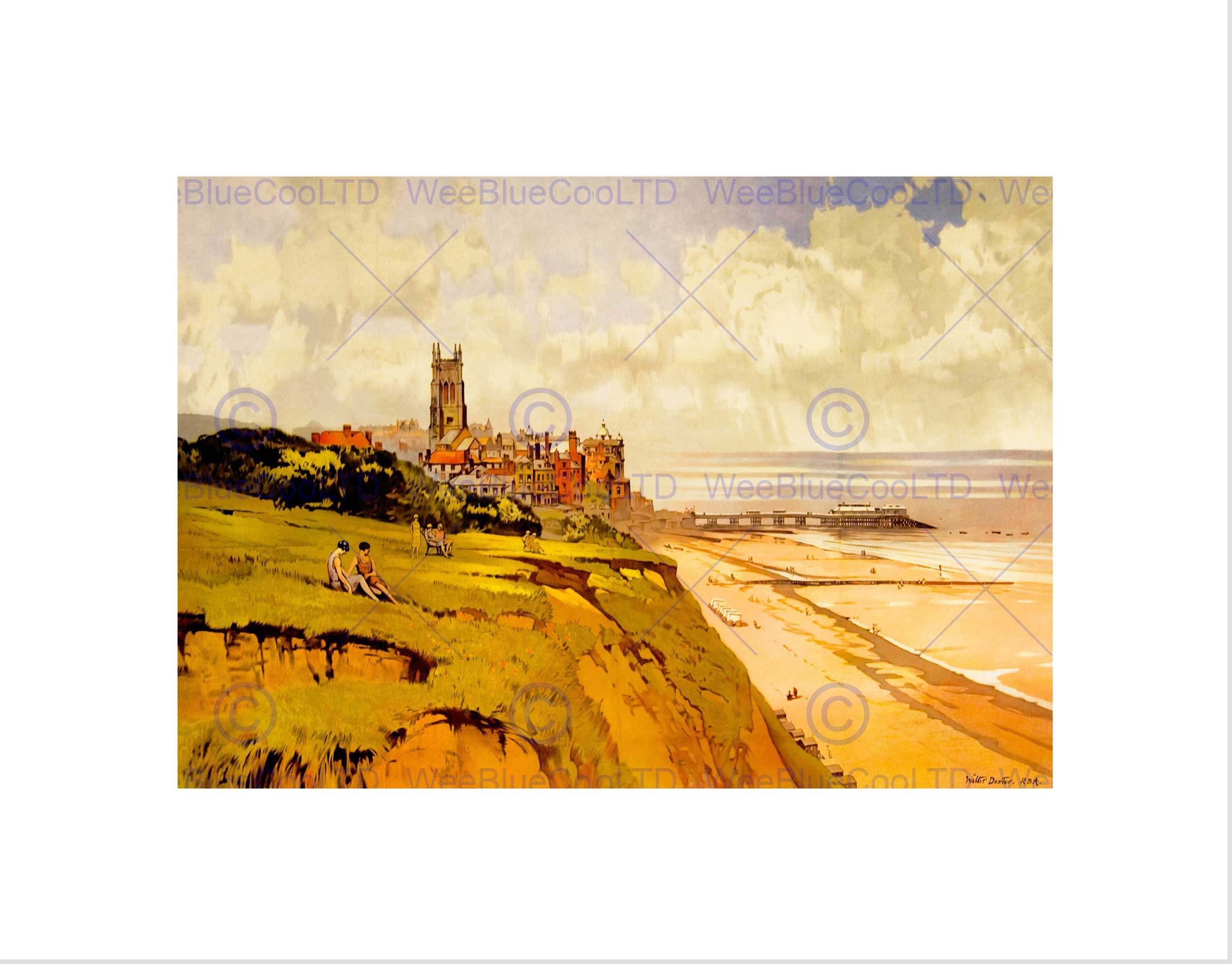 Wee Blue Coo PAINTING LANDSCAPE CROMER BEACH VILLAGE CHURCH PIER UK FRAMED ART PRINT B12X7405
