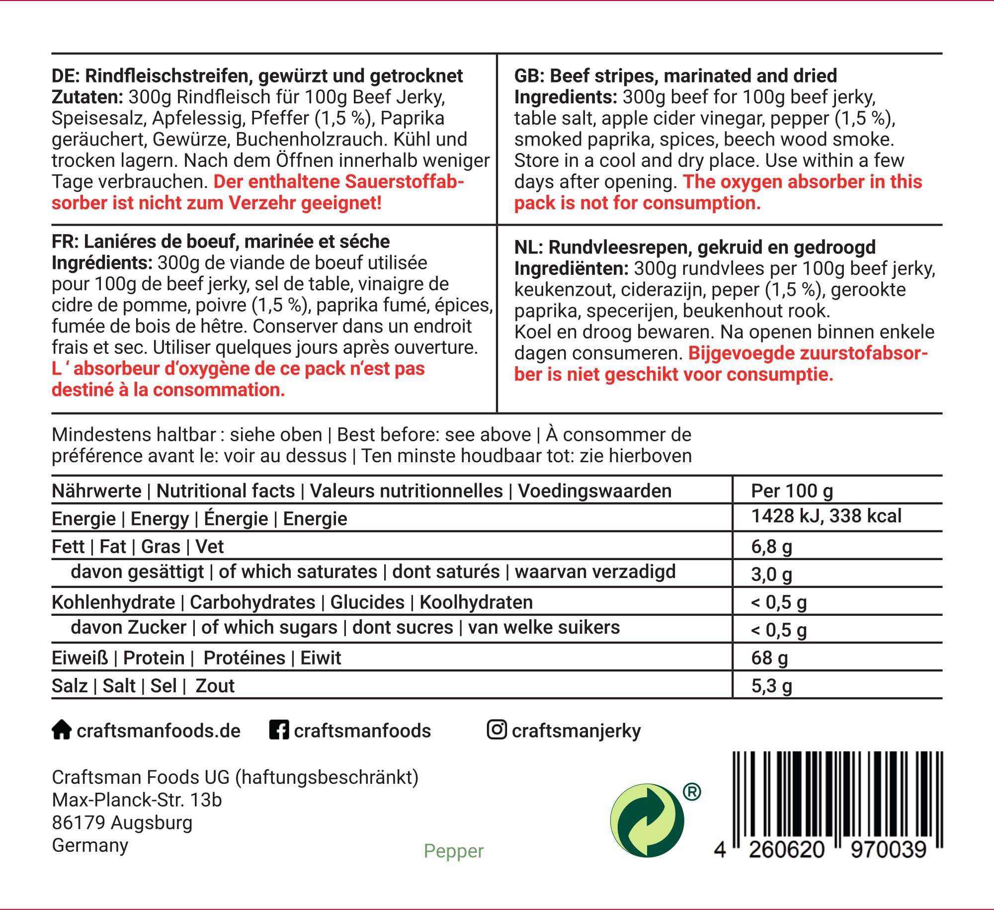 Craftsman Beef Jerky Pepper | Trockenfleisch aus Deutschland - Bayern | Set 5 x 100g = 500g | 100% natürlich ohne Zucker | 100% Rind | High Protein 68% | Dörrfleisch Pfeffer