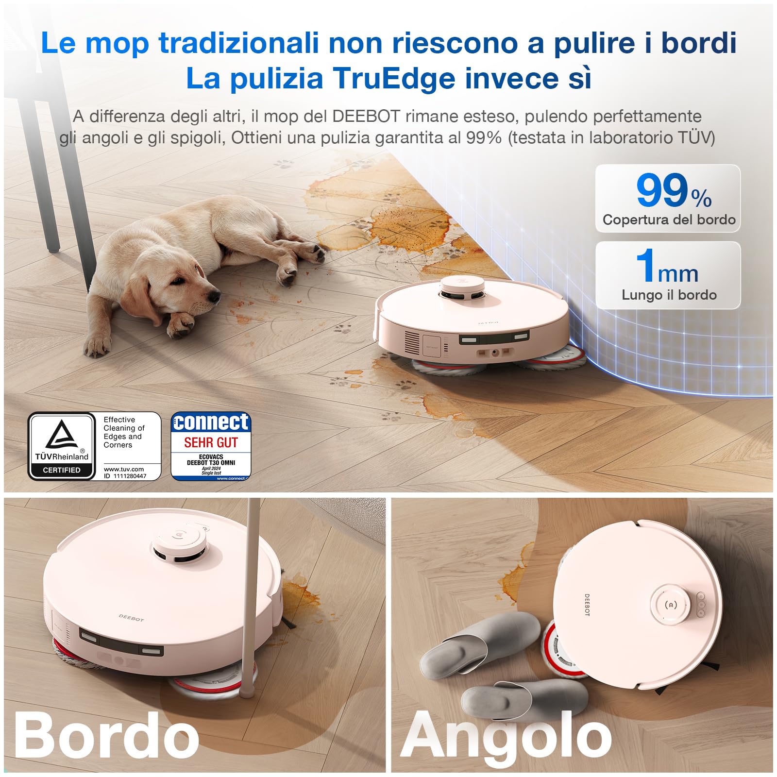 ECOVACS DEEBOT T30 PRO OMNI Robot Aspirapolvere con Mini Station, con TruEdge™ Mopping Technolgie, ZeroTangle™ Design, aspirazione 11.000 PA, pulizia mop con acqua calda e Smart Rewash, colore rosa
