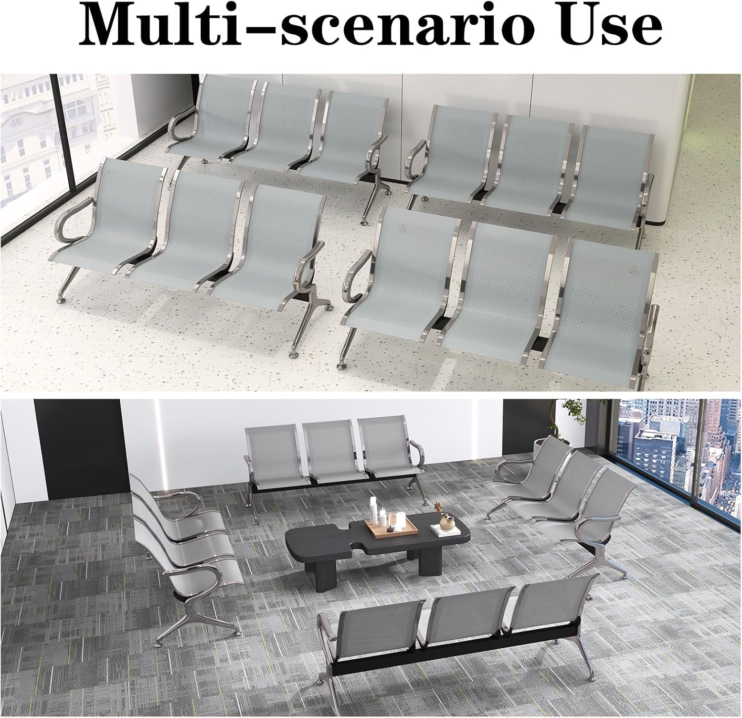 Kinfant Silver Waiting Room Bench Set - 3-Seat Chairs Office Guest Reception Benches with Armrest for Waiting Room Lobby Airport Hospital Bank Salon(Sliver Mesh, Set of 3)