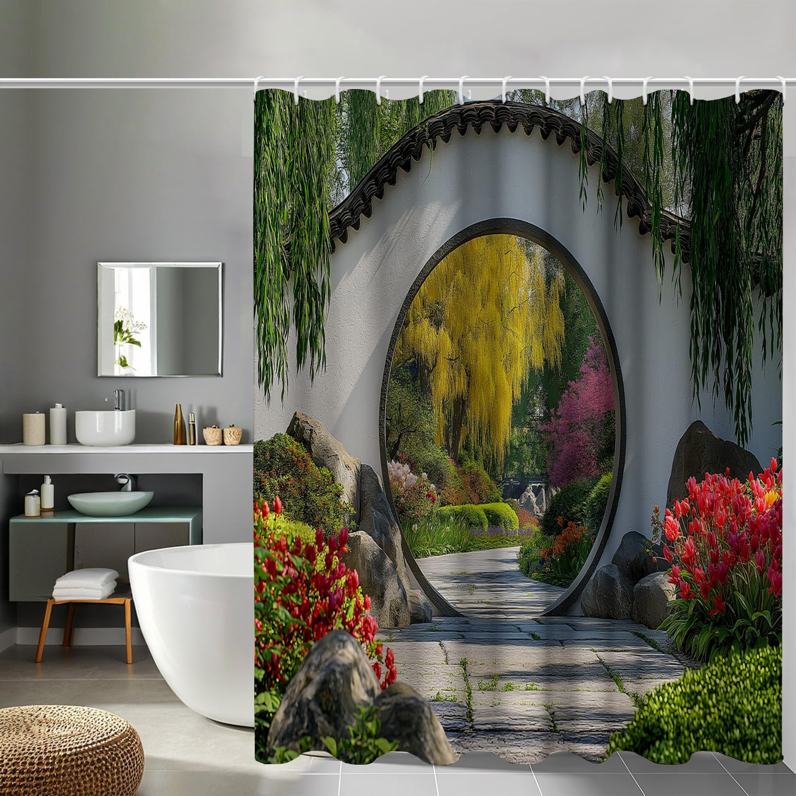 Rideau de douche jardin chinois pour une ambiance spa zen dans la salle de bain