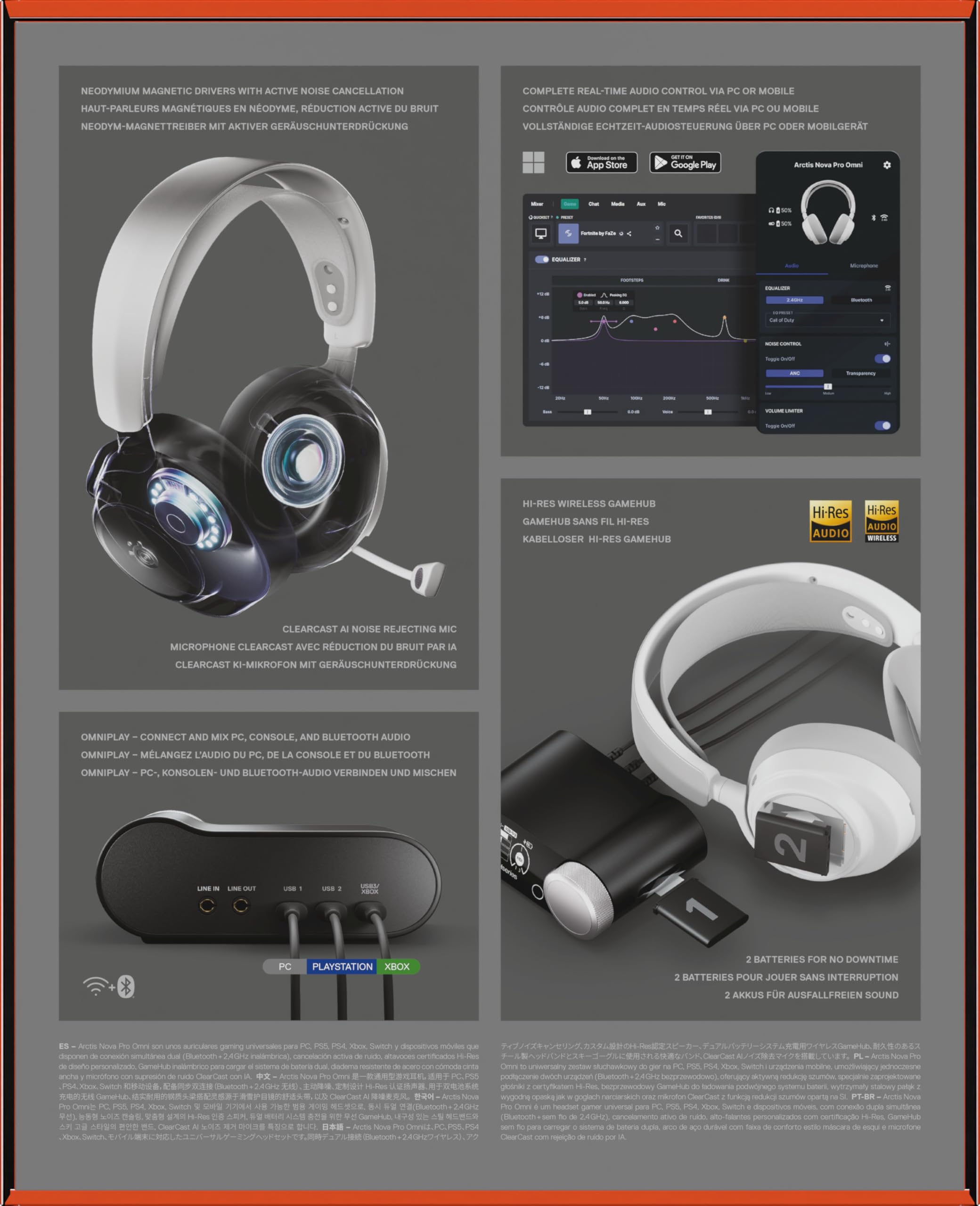 SteelSeries Arctis Nova Pro Omni – Bezprzewodowy dźwięk Hi‑Res, 96kHz/24bit, ANC, mikrofon ClearCast Pro, redukcja szumów AI, aplikacja mobilna, Mix 2,4GHz + BT, OmniPlay PC+PlayStation+Xbox – Biały