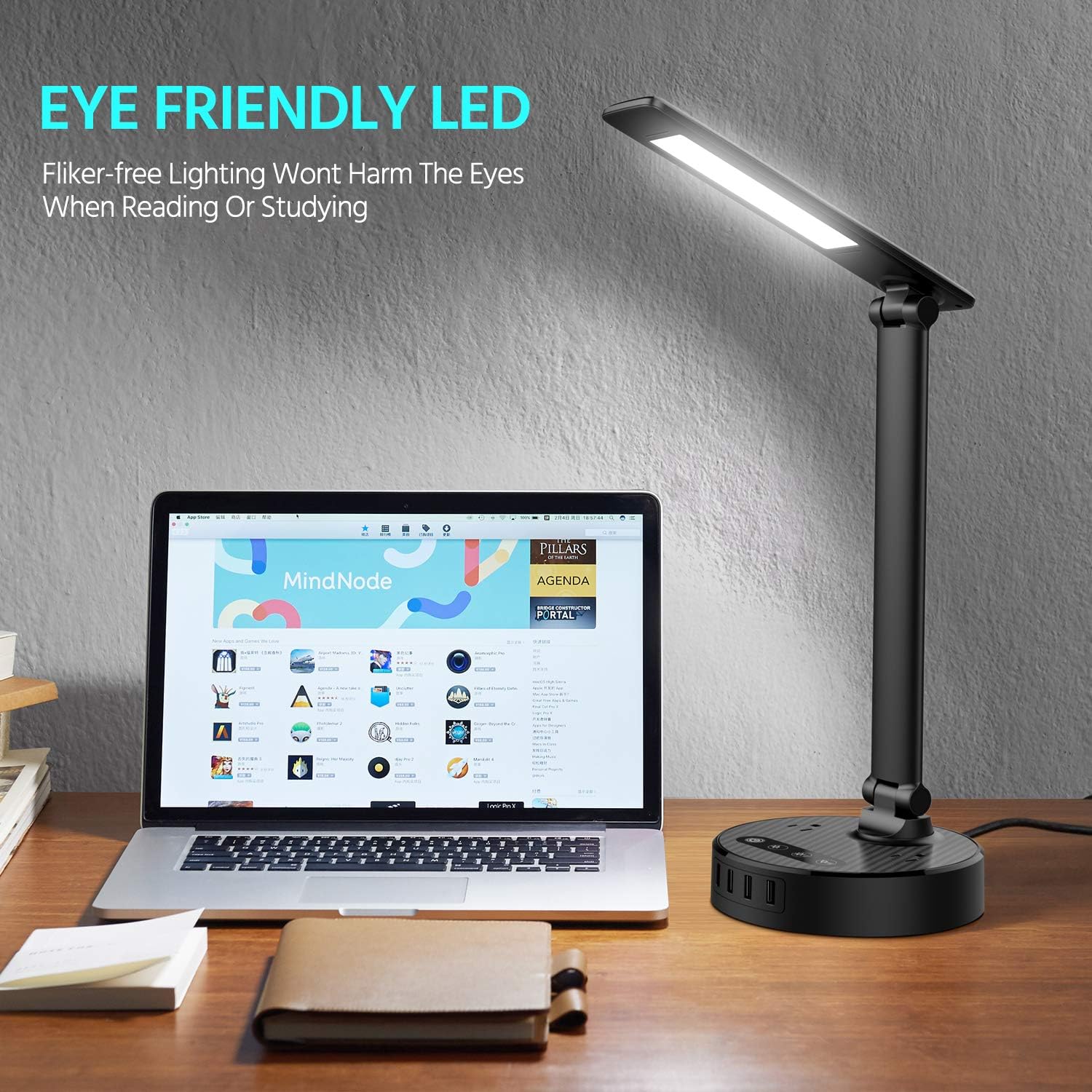LED Desk Lamp Light with 4 Fast USB Charging Port and 2 AC Power Outlet, 4 Levels Brightness, 6FT Extension Cord, Touch Dimmer Control, 8W Eye-Caring Table Lamp for Bedside Office Hotel Dorm