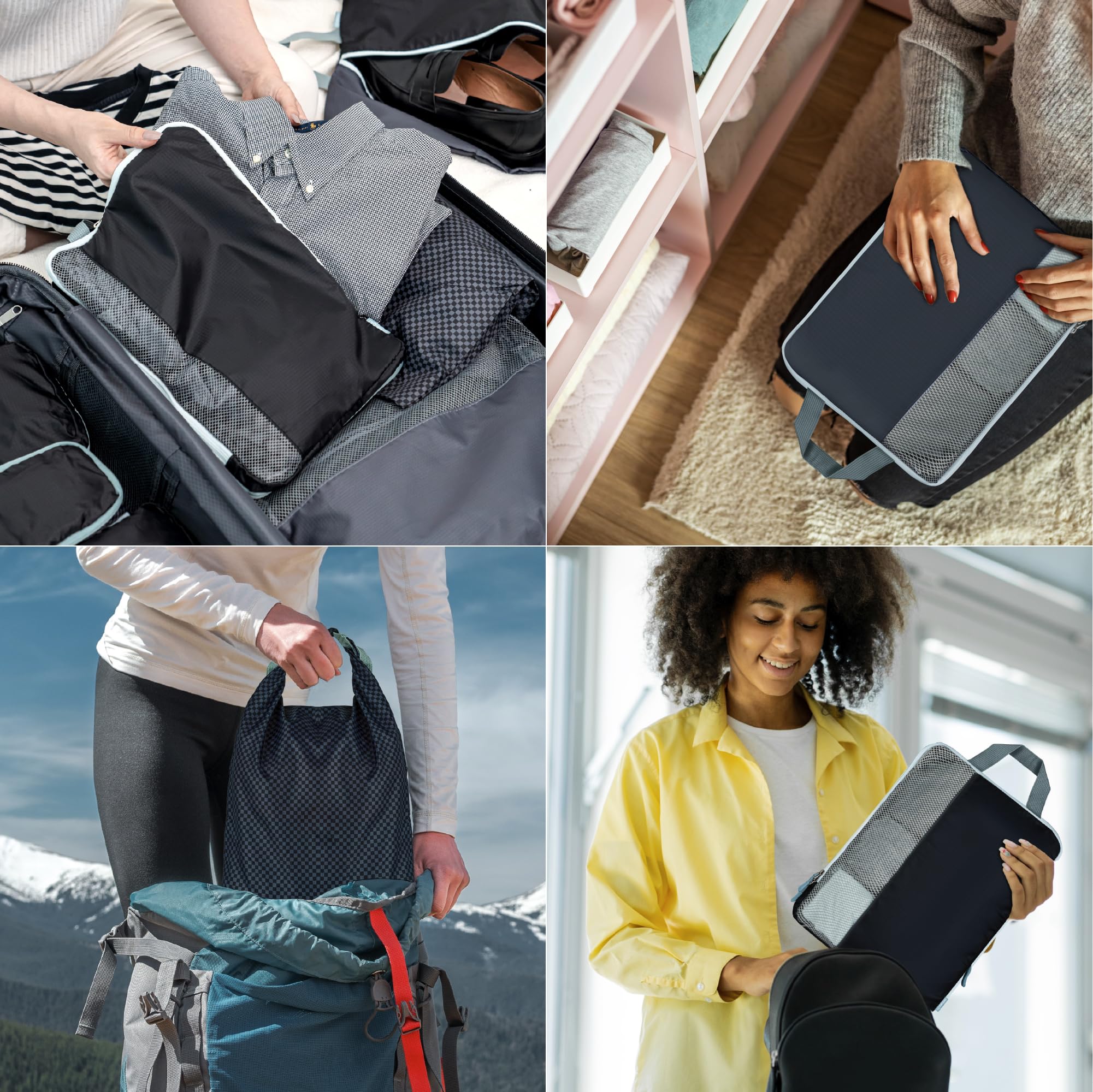 Set mit 8 Kompressions-Verpackungswürfeln für Reisezubehör, erweiterbare Taschen für Kleidung, Toilettenartikel, Rucksäcke, Organisation von wichtigen Gegenständen (schwarz und grau)