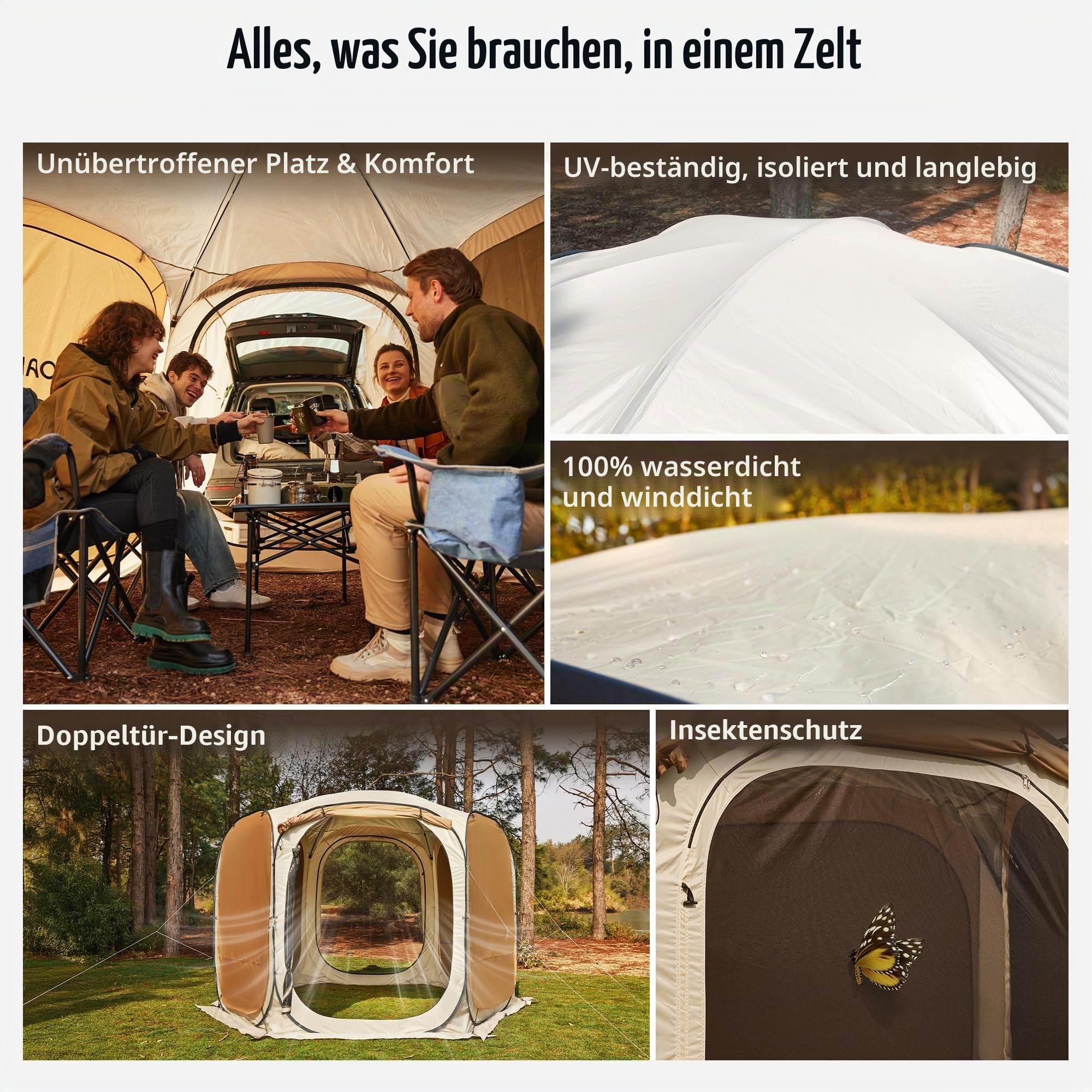 East Oak Pop-Up-Zelt mit Netz, 3,6 x 3,6 m, Outdoor-Sichtschutzhaus mit 4 Sonnenschirmen, sofortiger Überdachung mit tragbarer Tragetasche, Pavillon-Zelt für Camping, Terrasse und Strand, Beige