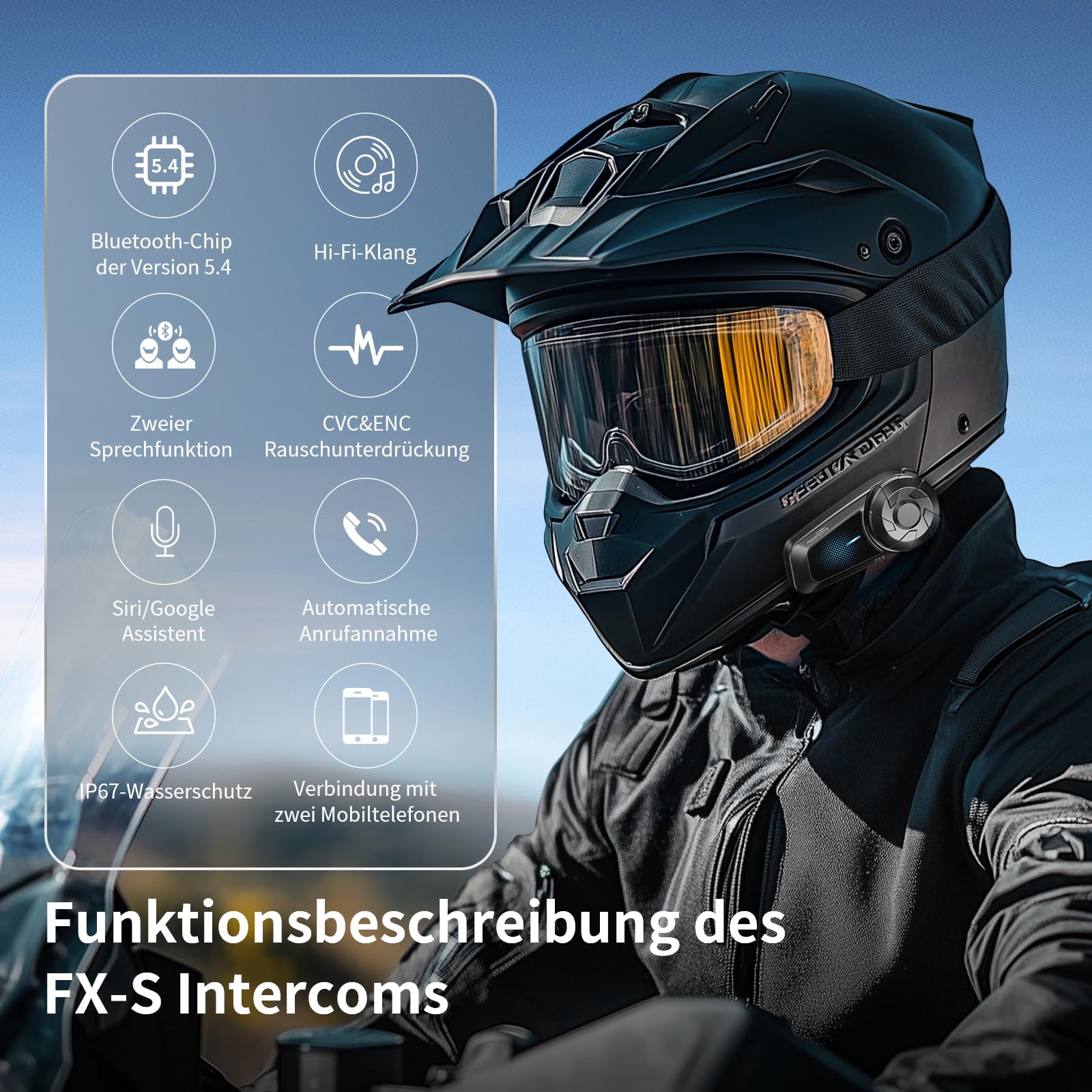 Fodsports FX-S Motorrad Headset Bluetooth 5.4, Helm Kommunikationssystem für 2 Personen, Dreifache Geräuschunterdrückung, IP67 Wasserdicht Freisprecheinrichtung mit Sprachassistent,Große Tasten