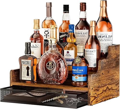 Estante de exhibición de botellas de licor con cajón, estantes de barra de encimera de 3 escalones, organizador de jarabe de café, mini bar,