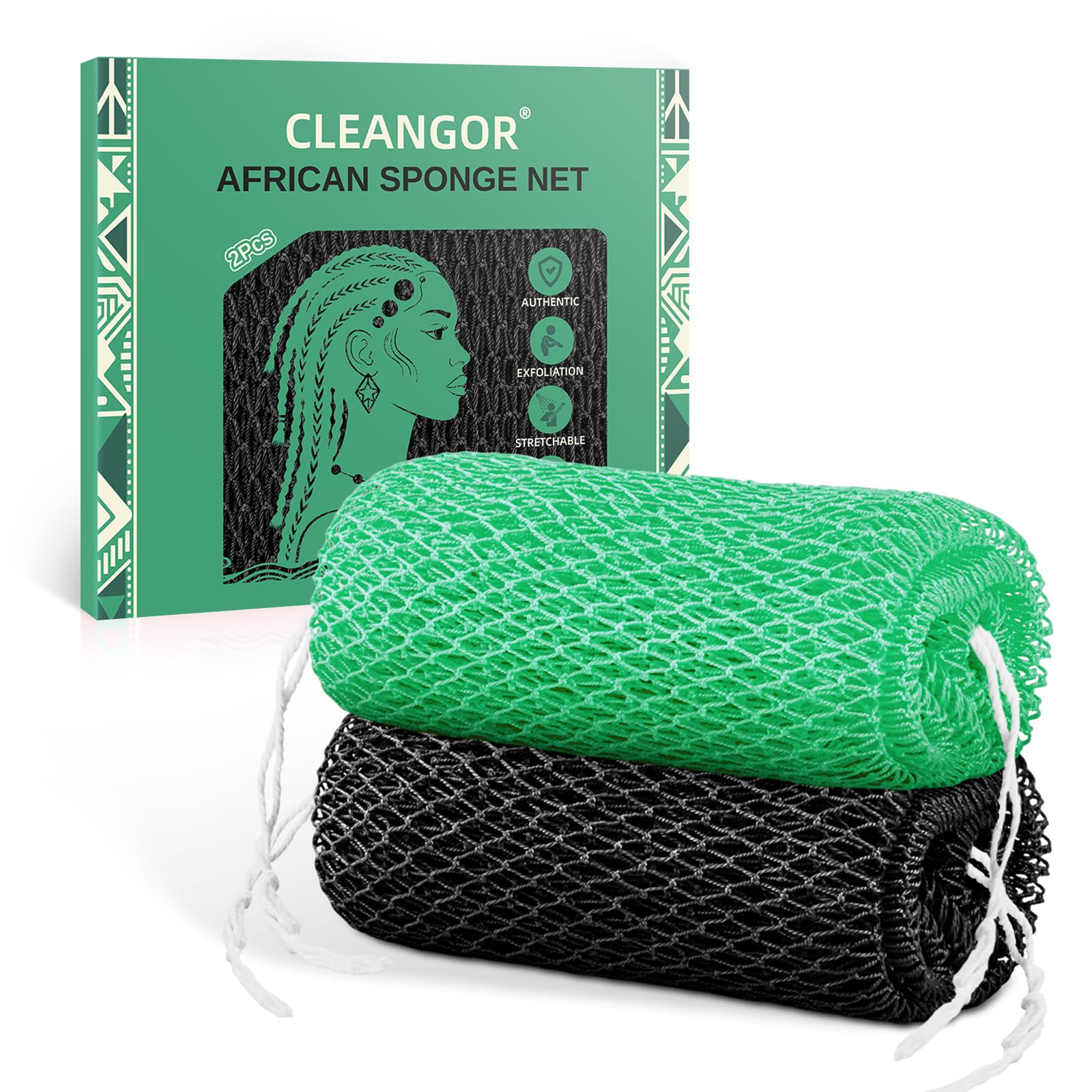 Cleangor 2er Pack Afrikanischer Netzschwamm, Schwarz & Meerblau, 106cm Lang | African Net Sponge, Sanftes Peeling Schwamm für Alle Hauttypen, Rückenschrubber für Dusche und SPA
