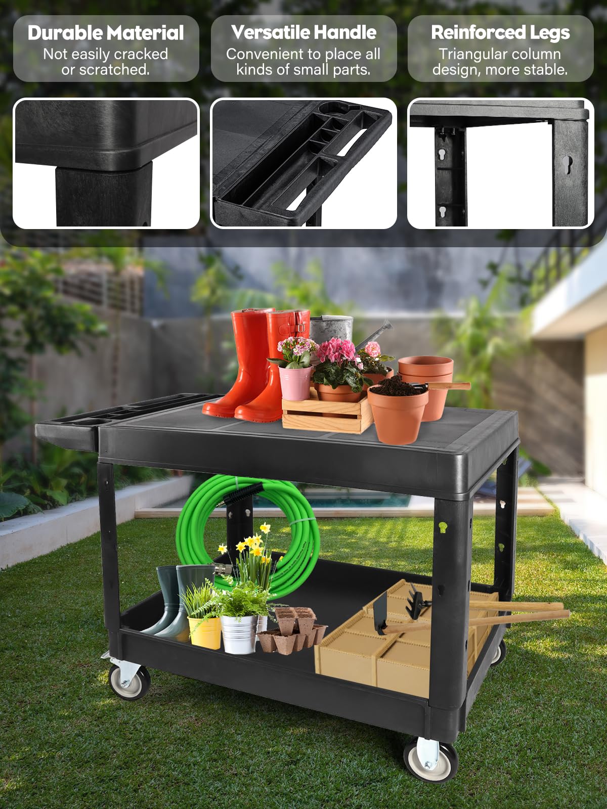 Kalolary 600 Livres 2 Niveaux Chariot Utilitaire Robuste sur roulettes | Capacité Supplémentaire Grand Chariot Service Polyvalent Avec Poignée Organisateur Rangement Chariot Outils Mobile Entrepôt