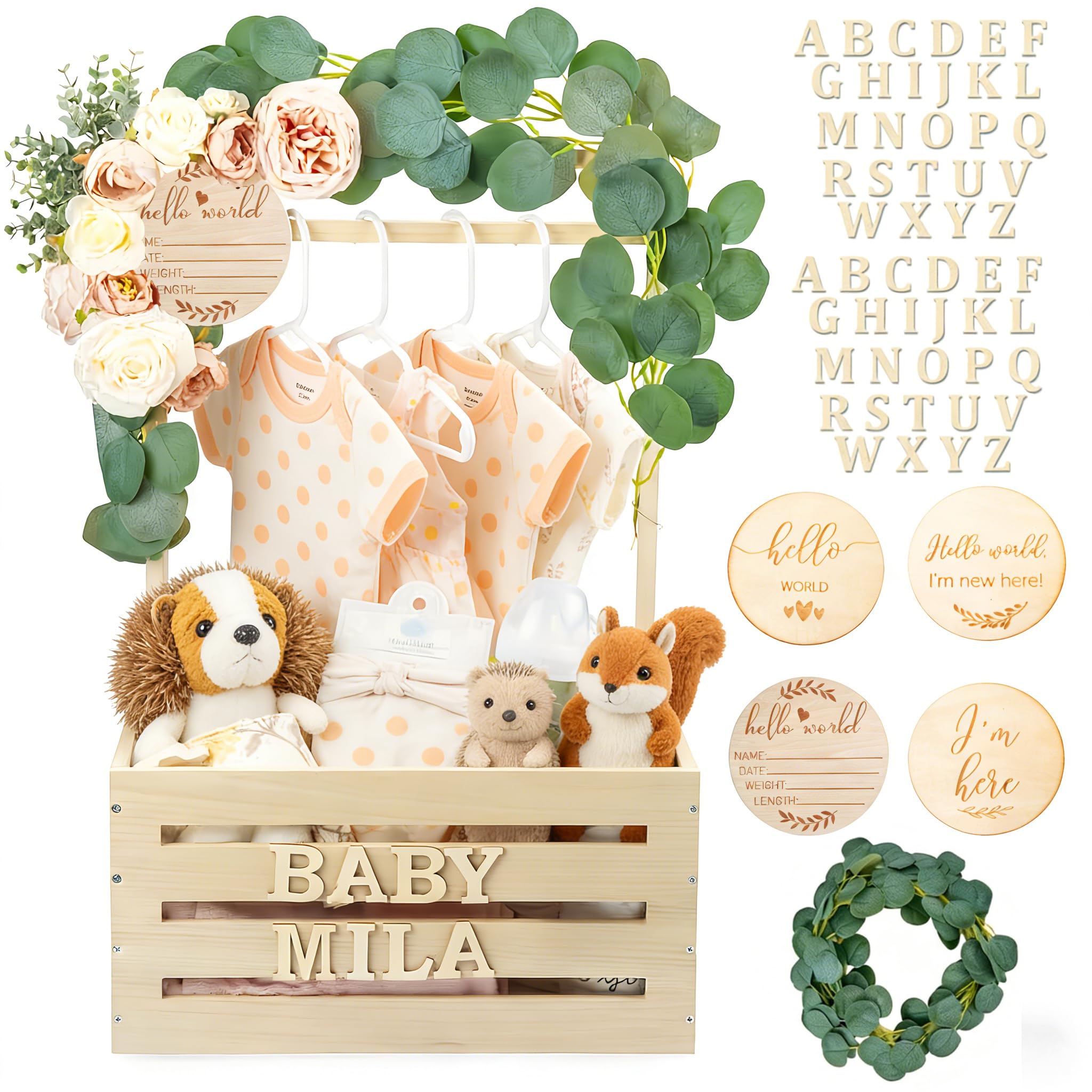 XQLY Wooden Shower Crate Closet, Personalized Shower Basket Alphabet Letters, Easy Assembly Baskets for Shower, Suitable for New Parents