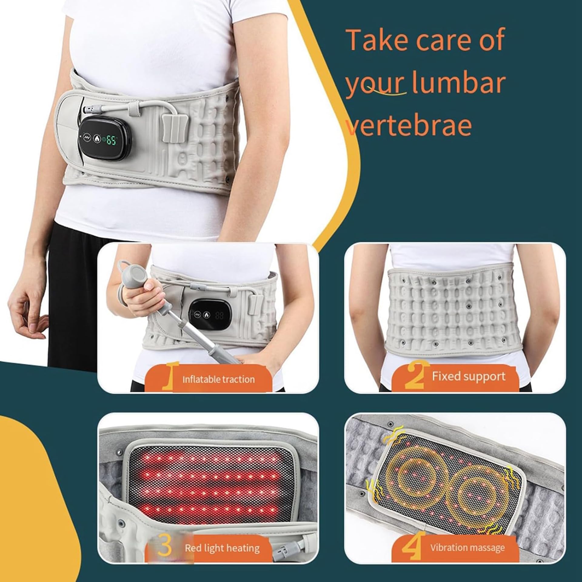 YIHANGG Descompresión Faja Lumbar con Luz Roja Calefacción y Masaje, Aliviador de Espalda, Inflable Faja Lumbar para Columna Vertebral Almohadilla Térmica para Mujer y Hombre