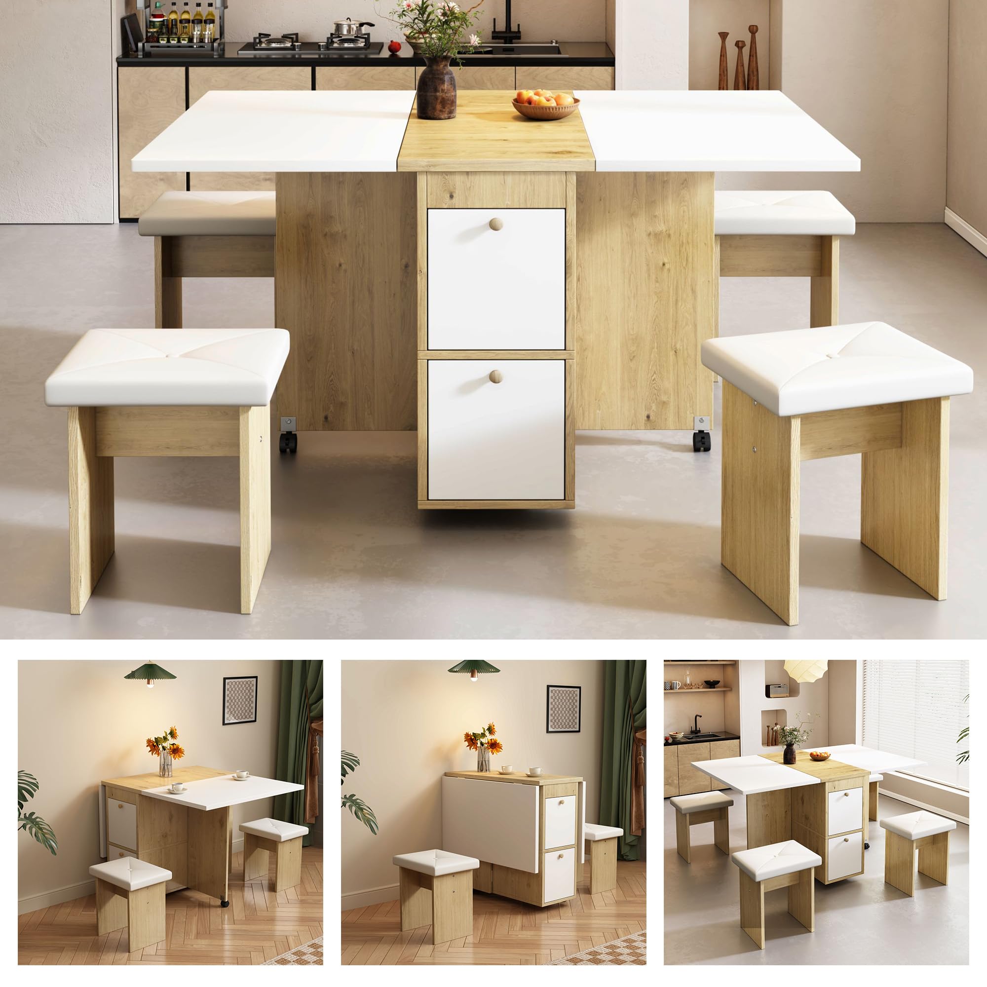 Sapgaks Ensemble Table à Manger et Chaises Pliantes 120×80×75cm Blanc Chêne 4 Chaises