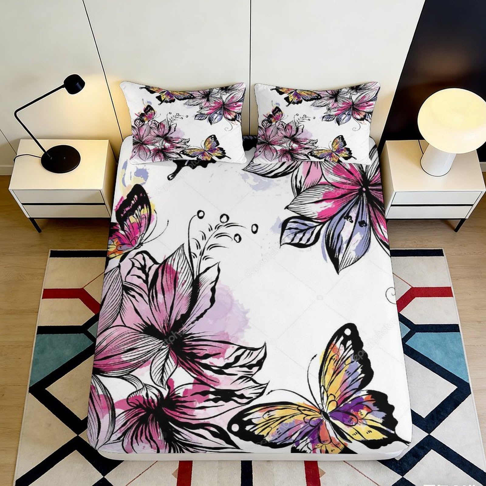 3D Printed Pink Butterfly Floral Fitted Sheet Microfiber Soft Decorative Mattress Cover for Bedroom Guest Room Easy Care 90x200x25cm