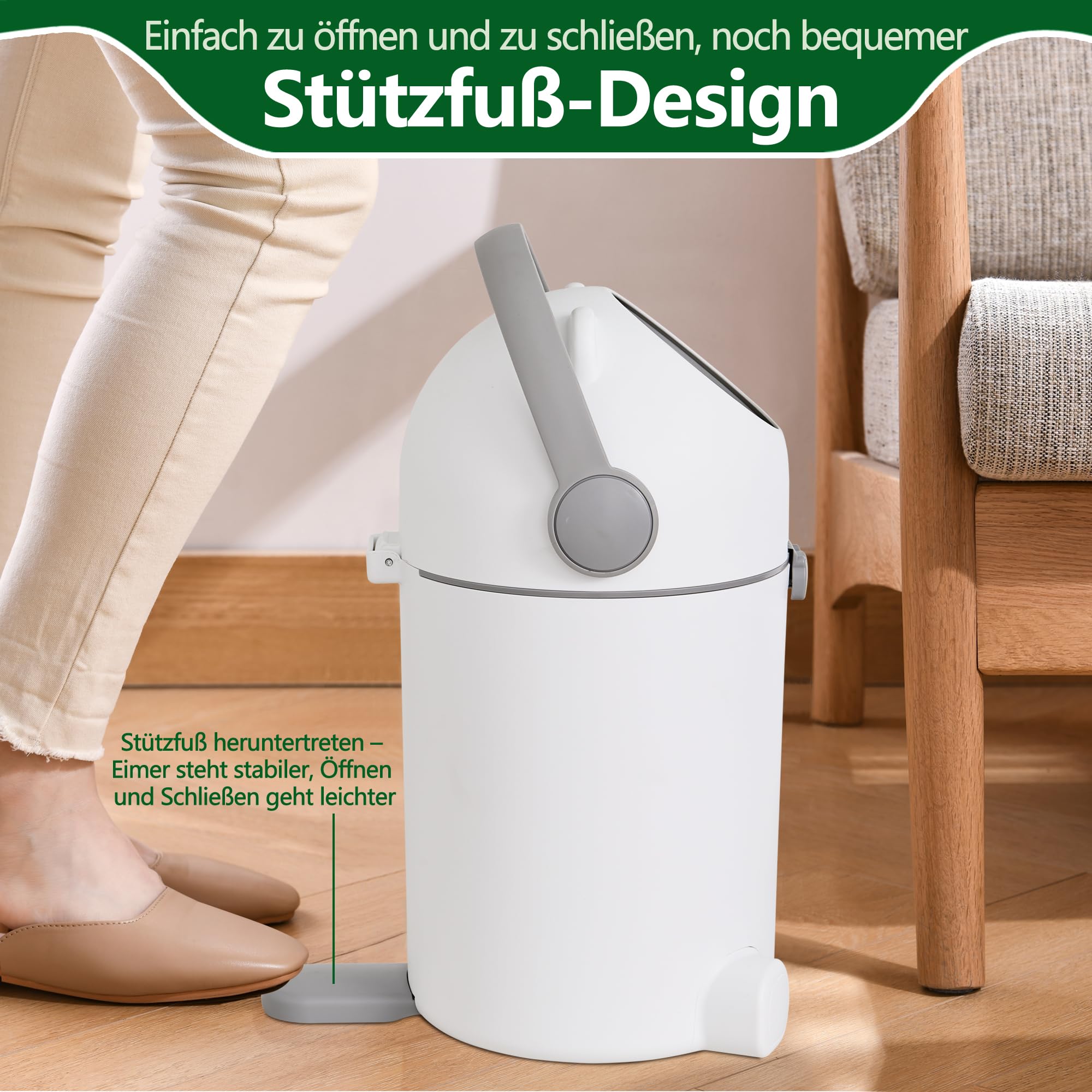 Pattumiera per pannolini con protezione dagli odori, 12 l, funzionamento con una sola mano, sacchetto universale, simpatico orsetto N2, bianco+grigio per la cameretta dei bambini