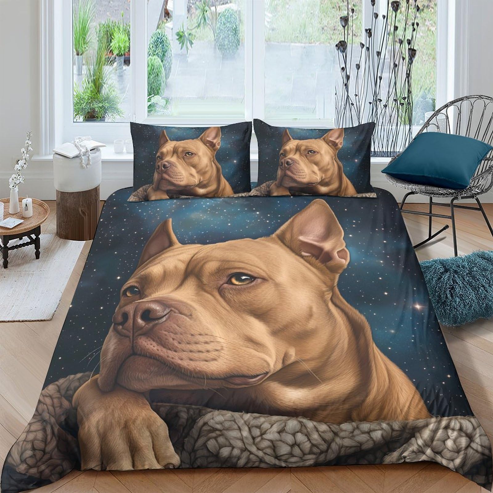 GPLZQXKJNH 3D Printed Brown Pitbull Duvet Cover Microfiber Soft Breathable Dog Bedding Set with 2 Pillowcases for Bedroom Decor Single（135x200cm）