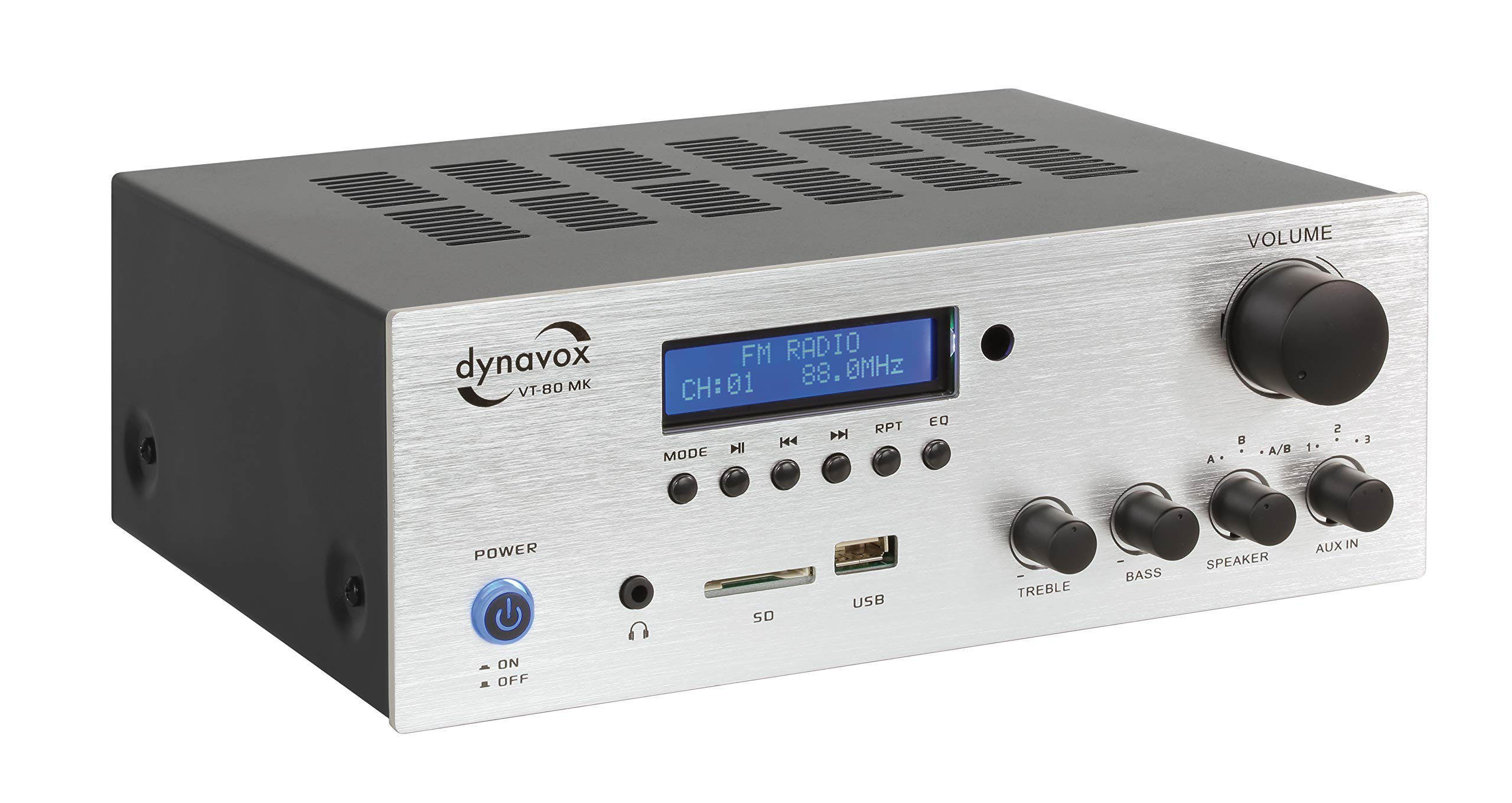 Dynavox VT-80 MK amplificatore stereo compatto, 4 terminali di altoparlanti a vite, telecomando per ingressi digitali (USB, scheda SD), antenna BT integrata e radio FM, argento