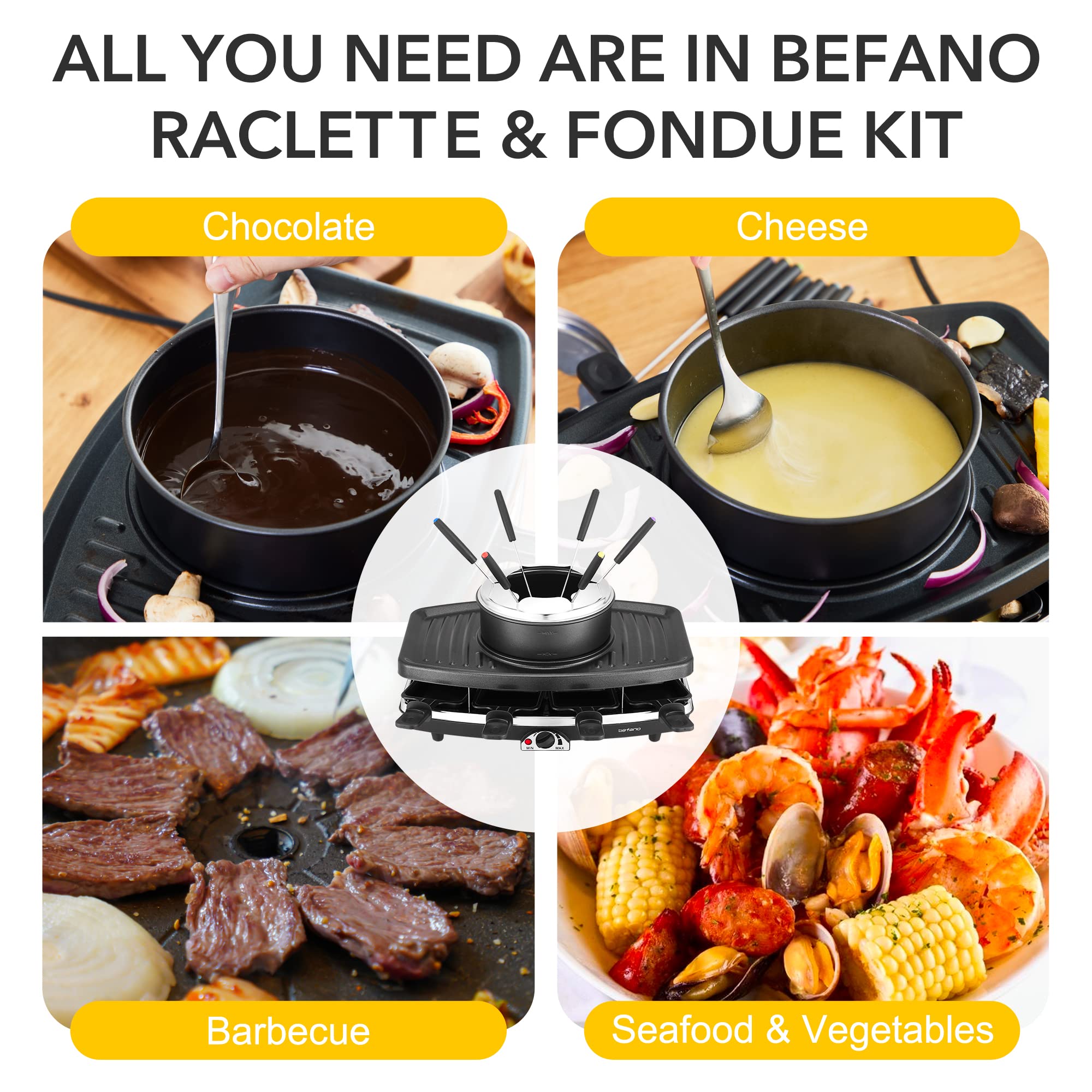 Befano Elektrischer Raclette-Grill mit Fondue-Topf-Set, tragbarer koreanischer Tischgrill für Käse, mit zwei verstellbaren Thermostaten, ideal zum Servieren von 8 Personen, perfekt für