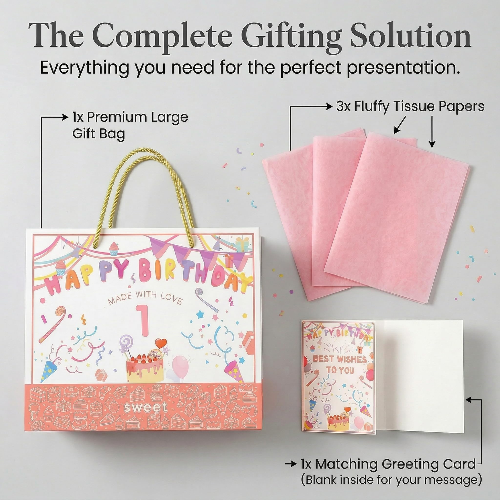 BOPLYBAY 1st Birthday Gift Bag for Girls with Greeting Card & Tissue Paper - Large 13" Pink Age 1 Birthday Party Favor Bag, Luxury Gift Wrapping Set for One Year Old Baby Girl (Age 1)
