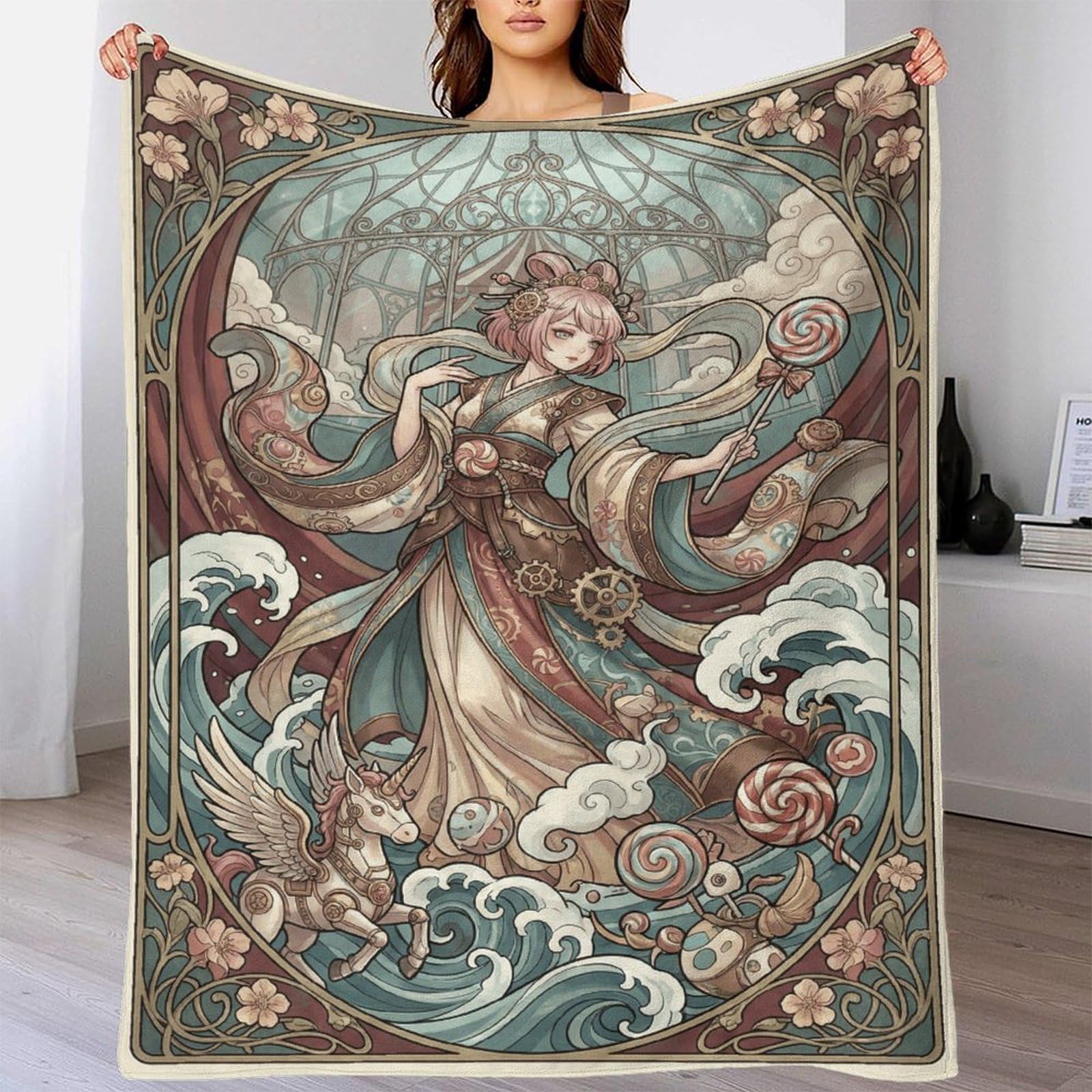 W7C8U2X3 Art Nouveau Mucha Anime Flannel Throw Blanket, Bedroom Sofa Couch