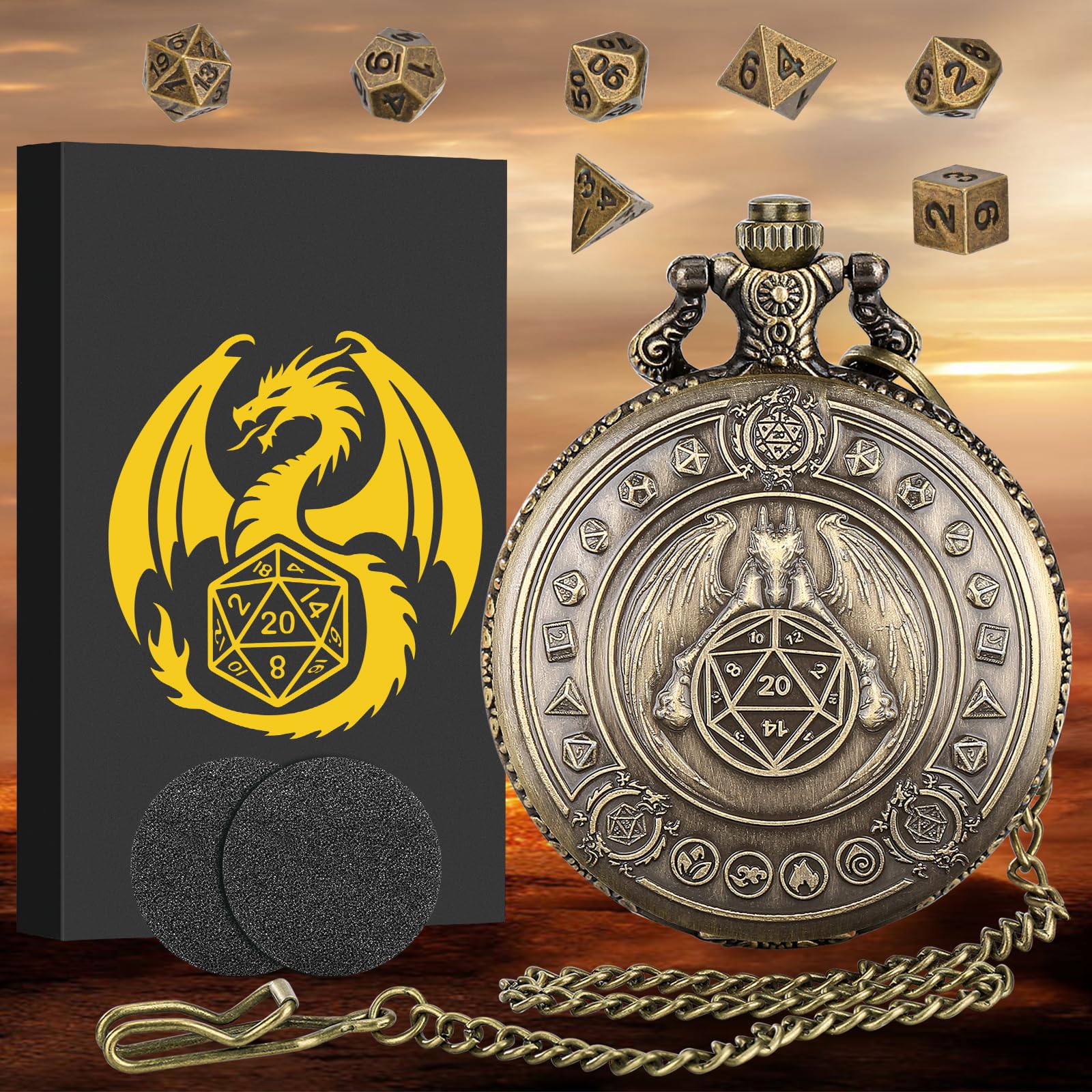 Juego de dados mini DND con carcasa de reloj de bolsillo de bronce de dragón, 7 piezas, poliédrico D&D, juego de dados de metal, con caja de regalo, accesorios de juego de rol