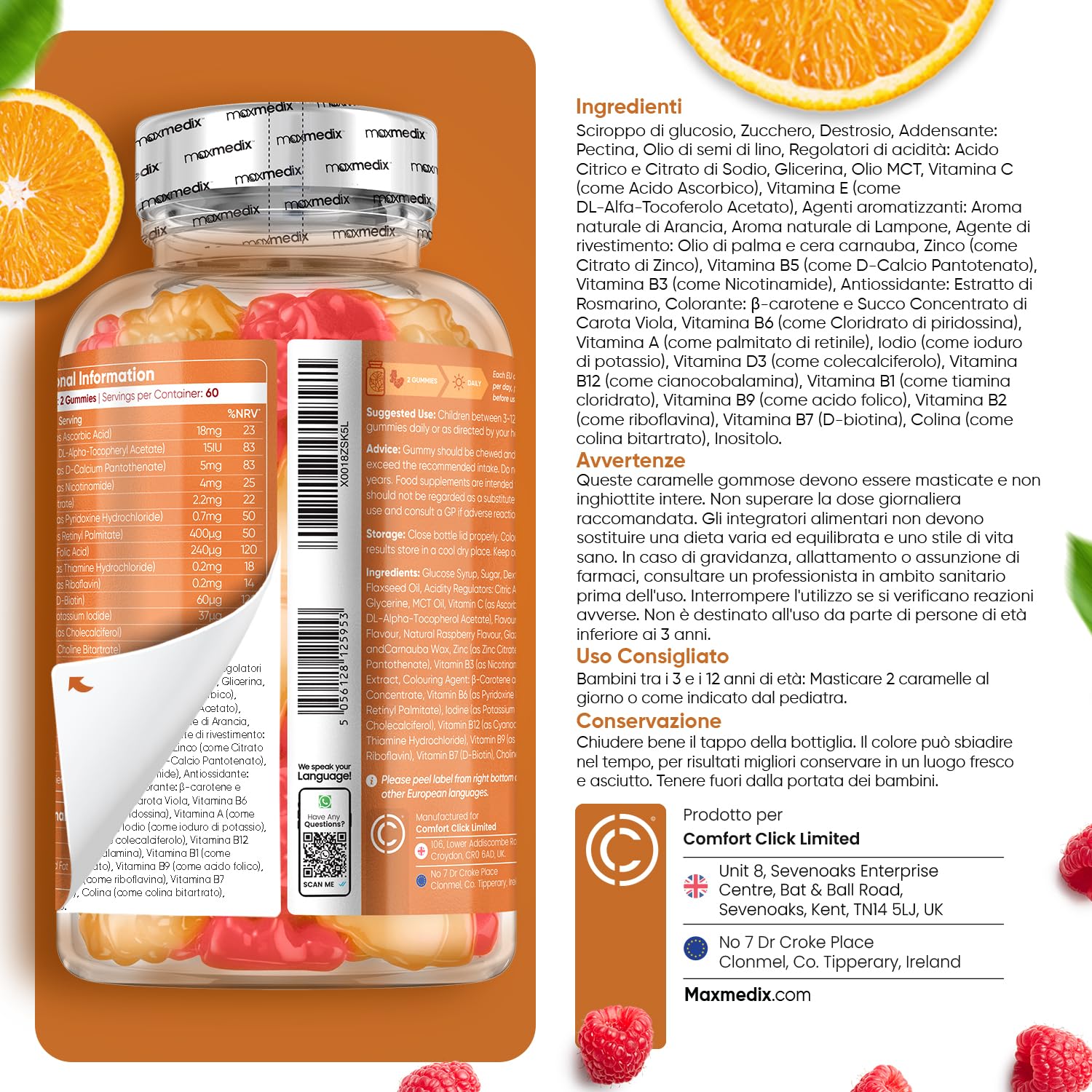 Vitamine Bambini con Omega 3 6 9, 120 Gommose (2 Mesi), 12 Vitamine con Zinco e Inositolo, Multivitaminico Bambini, Gusto di Lampone e Arancia, per Vegetariani, Adatto dai 3 ai 12 Anni, Senza Glutine