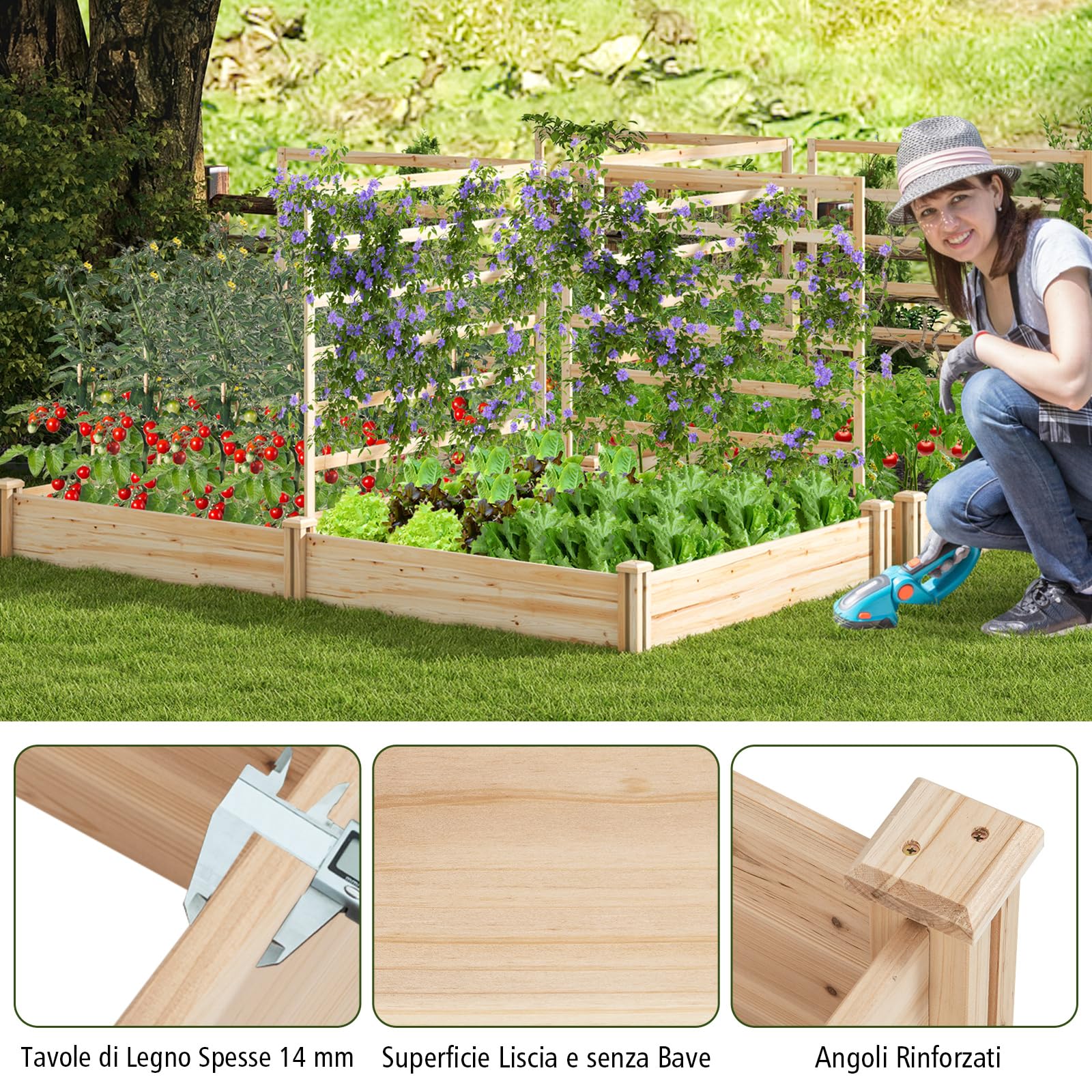 COSTWAY Letto Rialzato da Giardino con 2 Cassoni per Piantare e 3 Tralicci, Aiuola Rialzata da Giardino in Legno per Fiori, Erbe, Verdure, Frutta e Viti Rampicanti, 222 cm x 114 cm x 110 cm (Naturale)