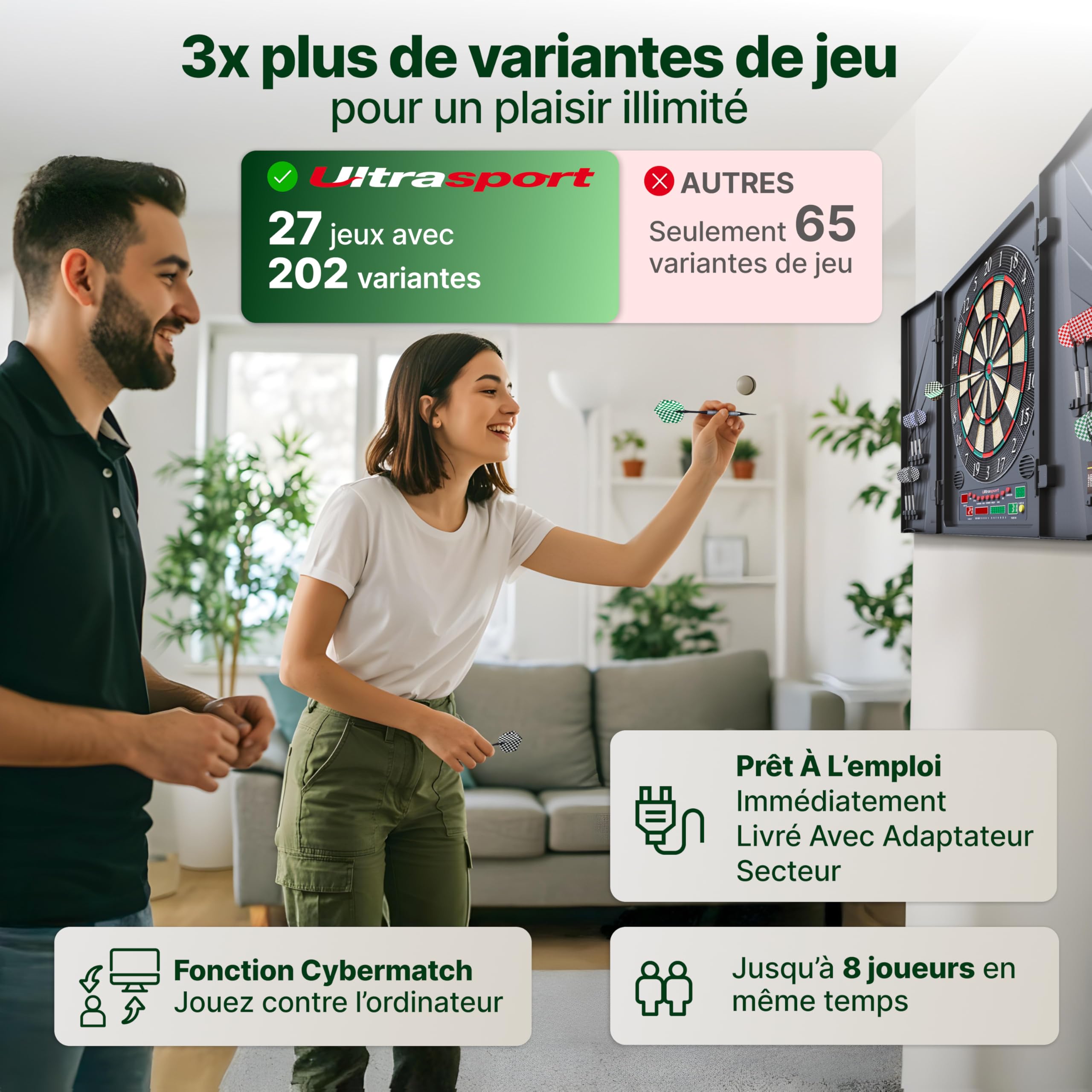 Ultrasport Cible de Fléchettes Électronique avec et sans Portes I Jeu de Fléchettes Électronique pour 1 à 8 Joueurs avec 15 Fléchettes, 15 Plumes, 100 Pointes de Fléchettes, 3 Lignes de Chute
