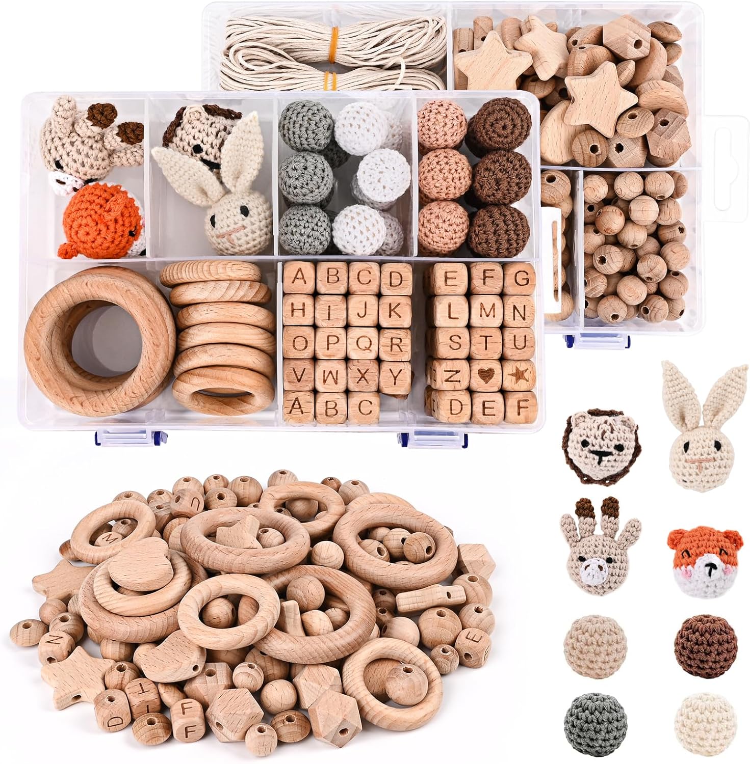 322 Stück Holzperlen Basteln Set, Verschiedene Formen Holzkugeln mit Loch zum Auffädeln, Buchstaben Gehäkelt Holzringe Kit für DIY Dekorationen, Weihnachts-, Erntedank-, Halloween-Geschenke