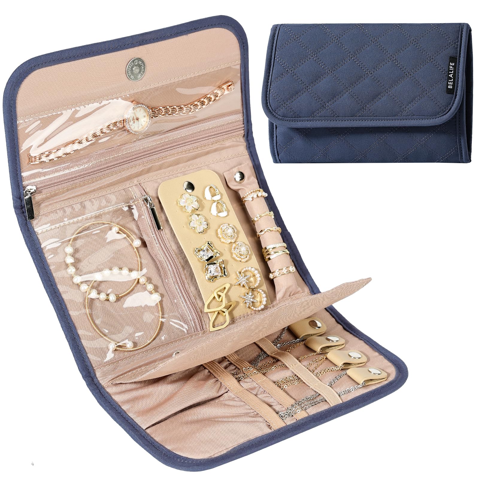 Photo 1 of BELALIFE Travel Jewelry Case Organizer, Foldable Storage Roll for Earrings, Necklaces, Rings, Bracelets, Brooches, Blue-Gray