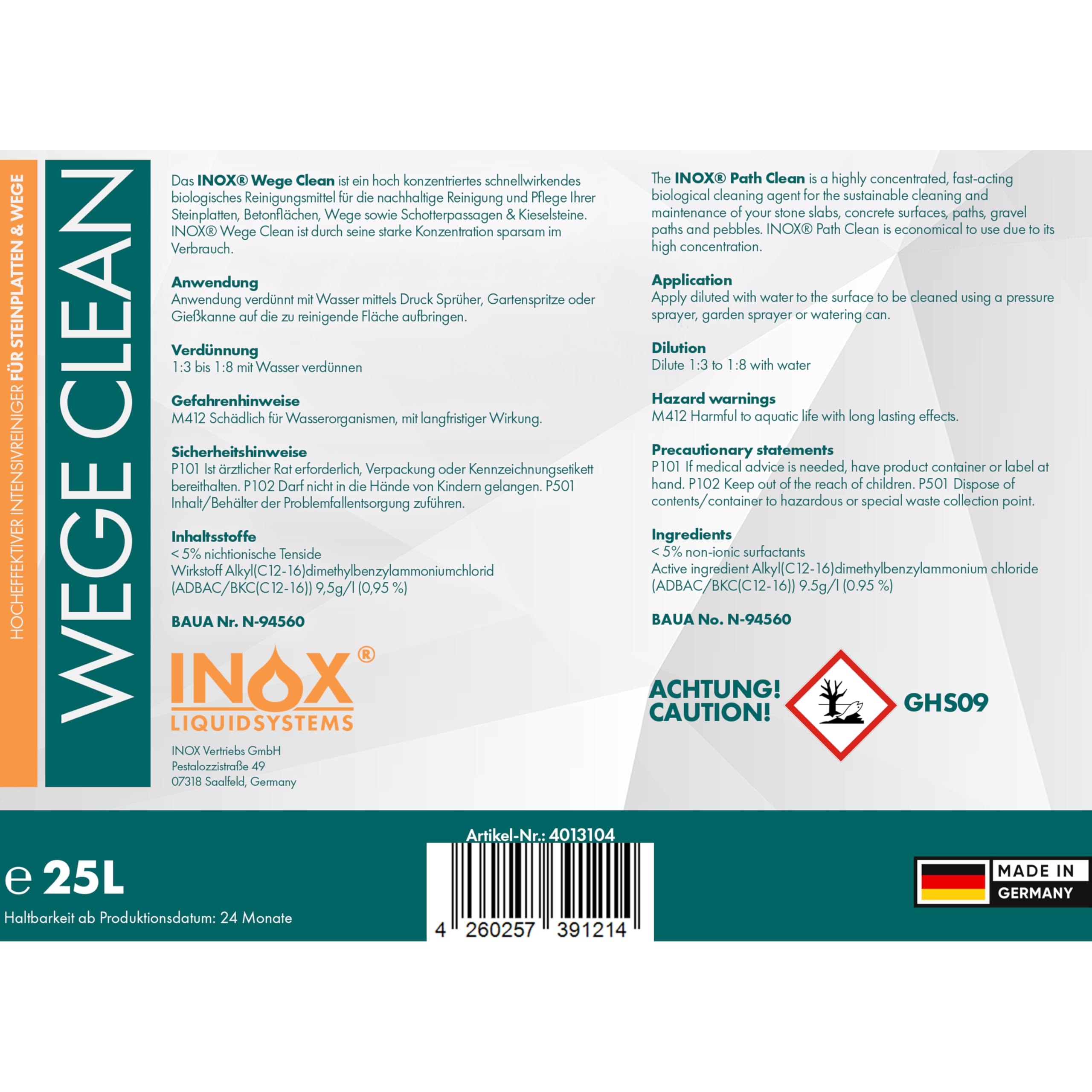 INOX® - Effektives Wege Clean Steinreiniger 25L | Intensiv außen | Grünbelagentferner, Algen-, Flechten- & Moosentferner | Reinigt Stein, Beton, Fliesen & Fassaden