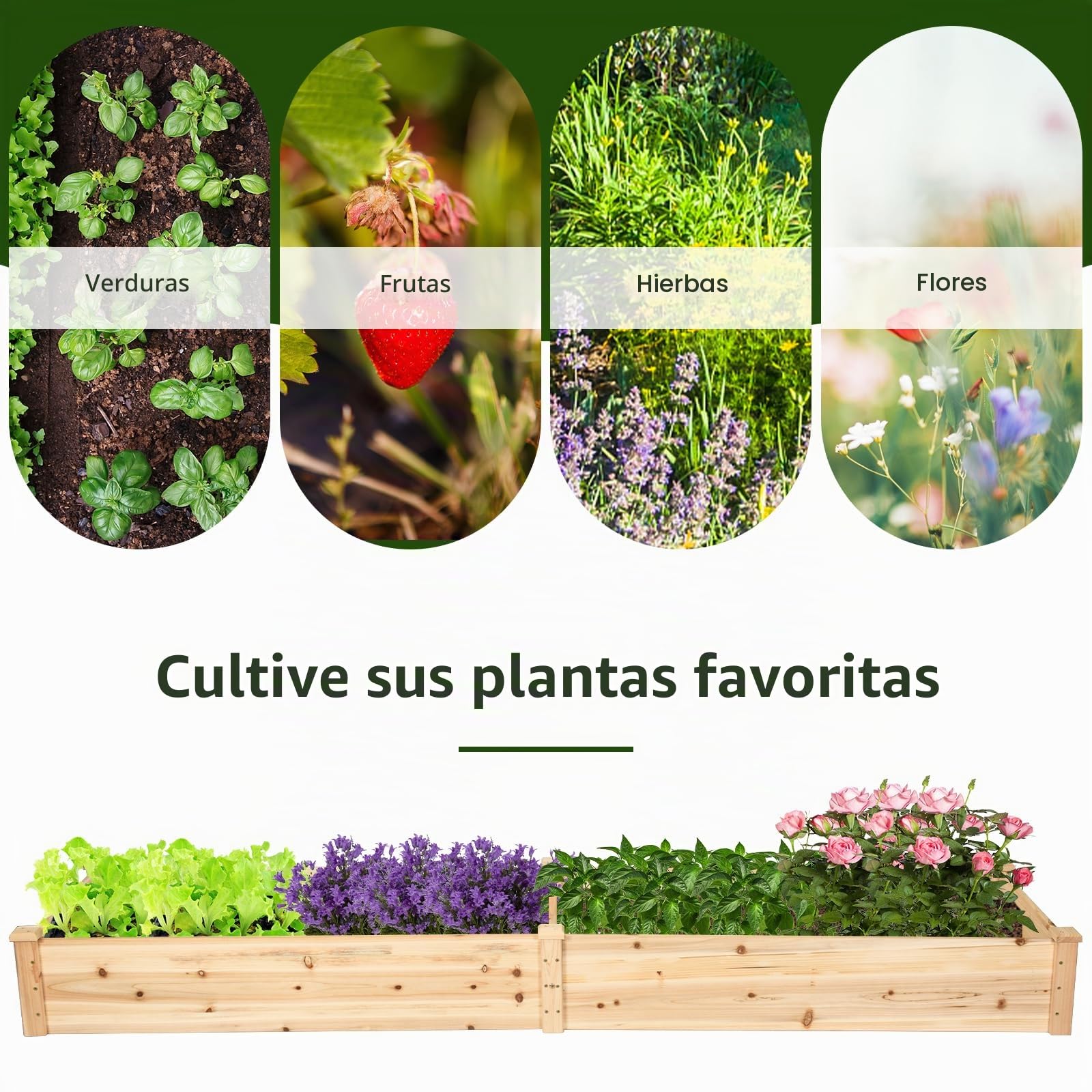 GOPLUS Huerto Urbano de Jardín Elevado de Madera, Jardineras Exterior Grandes de Madera para Verduras, Flores, Hierbas y Frutas, Cama Elevada de Jardín para Patio Trasero, 240 x 60 x 25 cm (Natural)