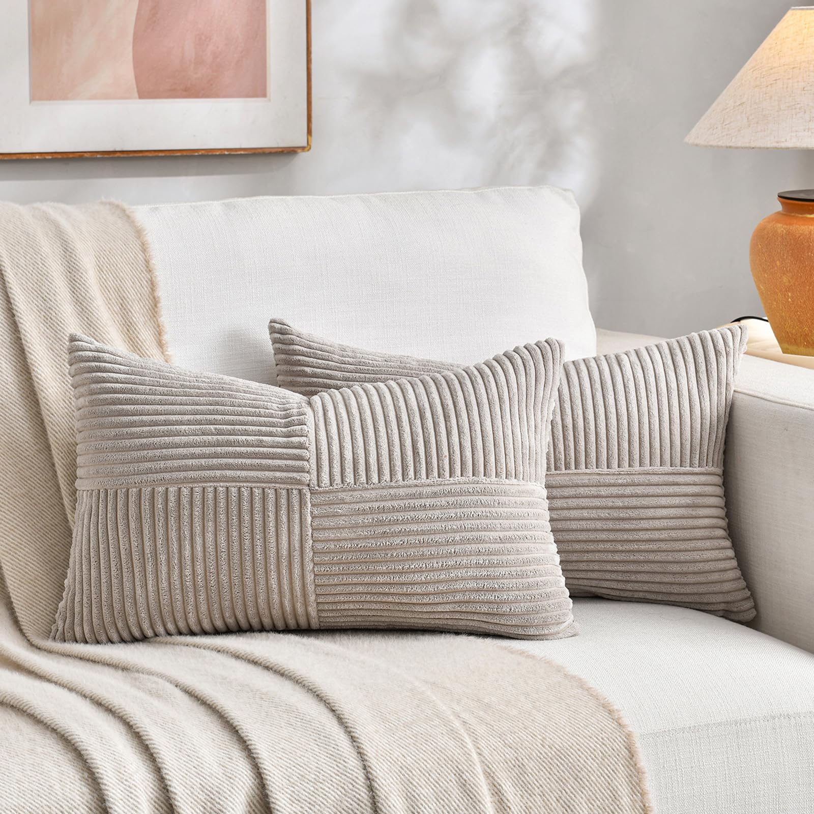 Fancy Homi 2 Packs Neutral Taupe Lumbar Decorative Throw Pillow Covers 16x26 Inch for Living Room Couch Bed Sofa, Farmhouse Home Decor, Soft Striped Corduroy Rectangle Accent Cushion Case 65x40 cm โ image 1