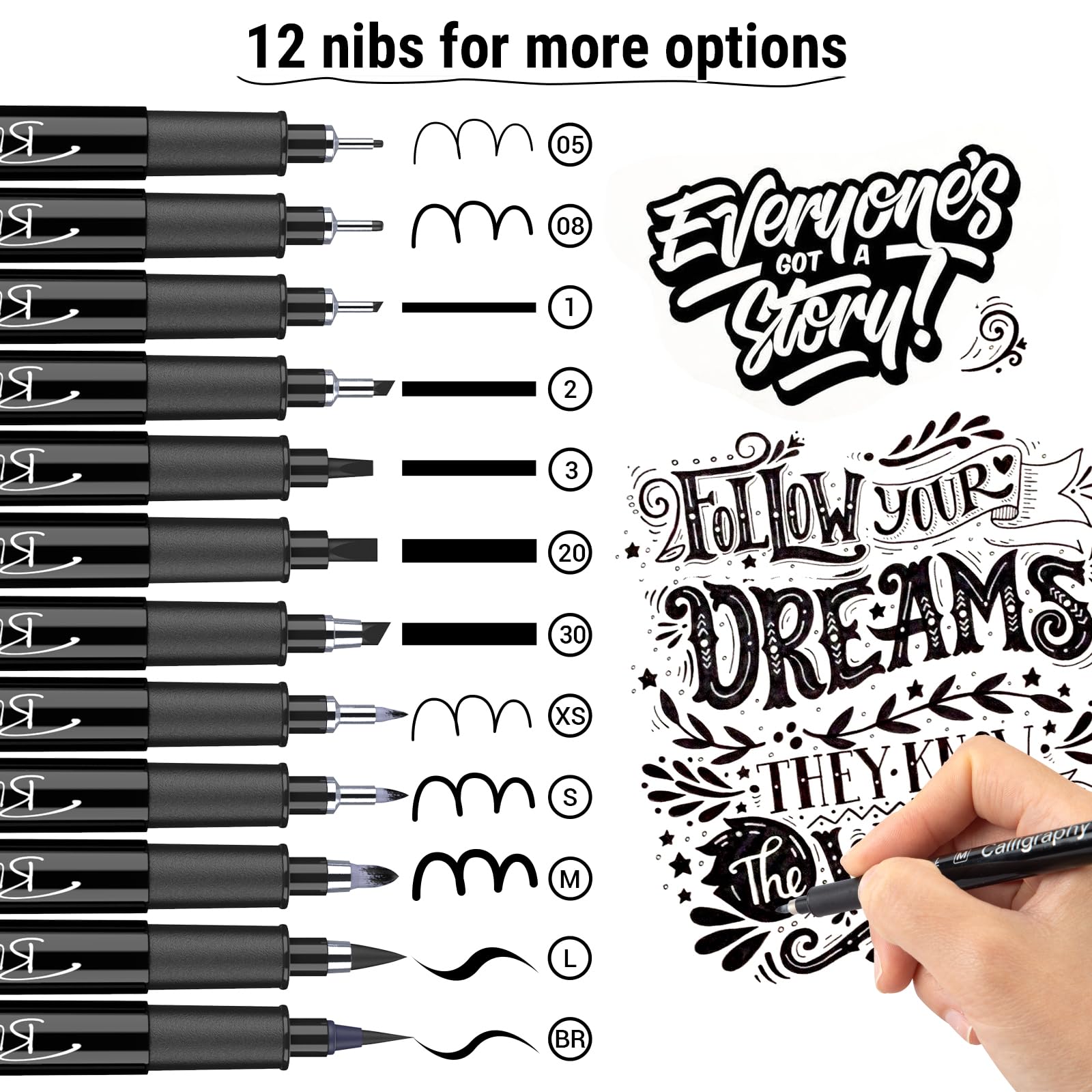 Calligraphy Pens, 12pcs Calligraphy Set for Beginners Brush Pens Black Drawing Pen - Image 2