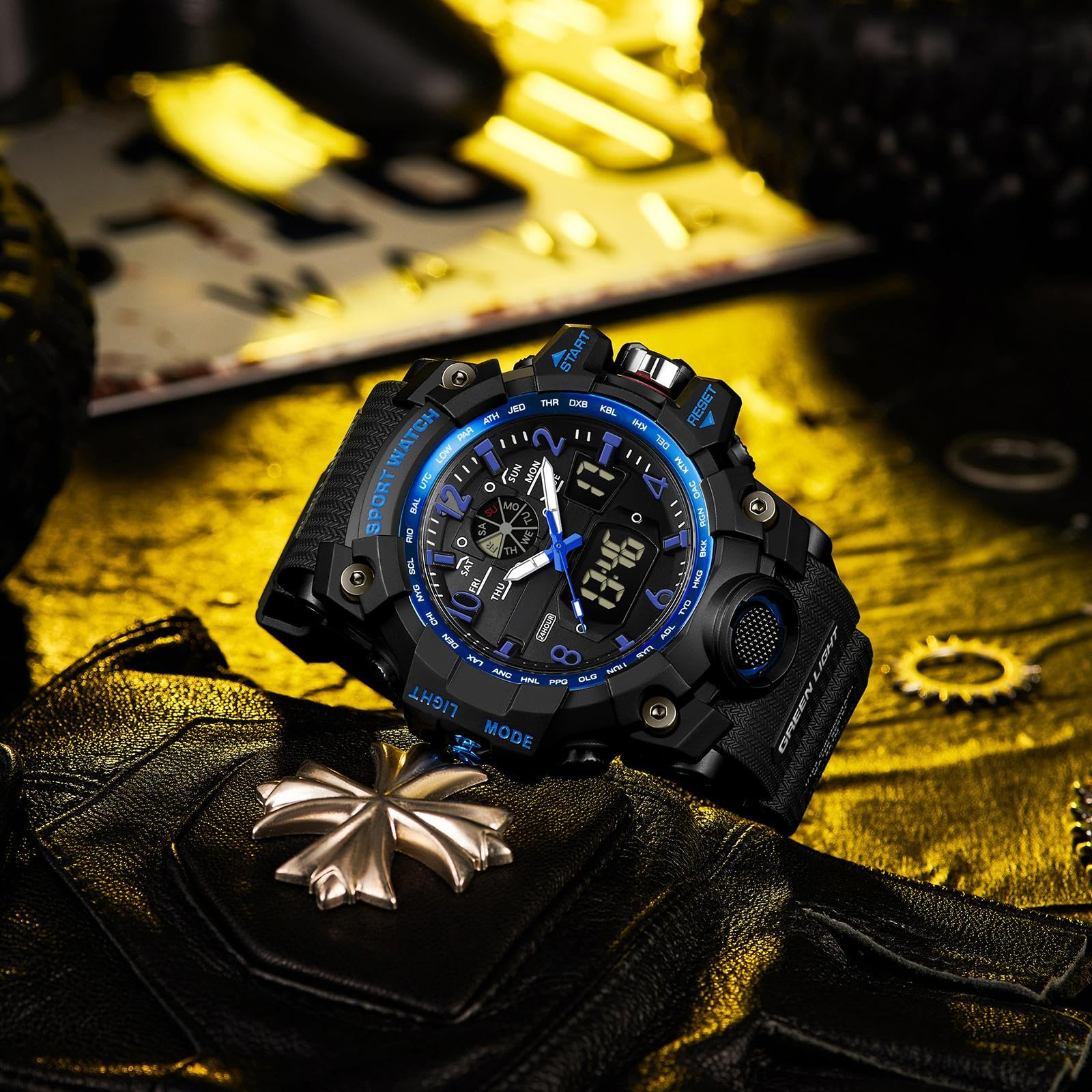 findtime Orologio militare, da uomo, digitale, sportivo, blu, verde, nero, orologio digitale, cronografo, da uomo, 5 ATM, impermeabile, militare, orologio tattico, per attività all'aperto, cronometro,