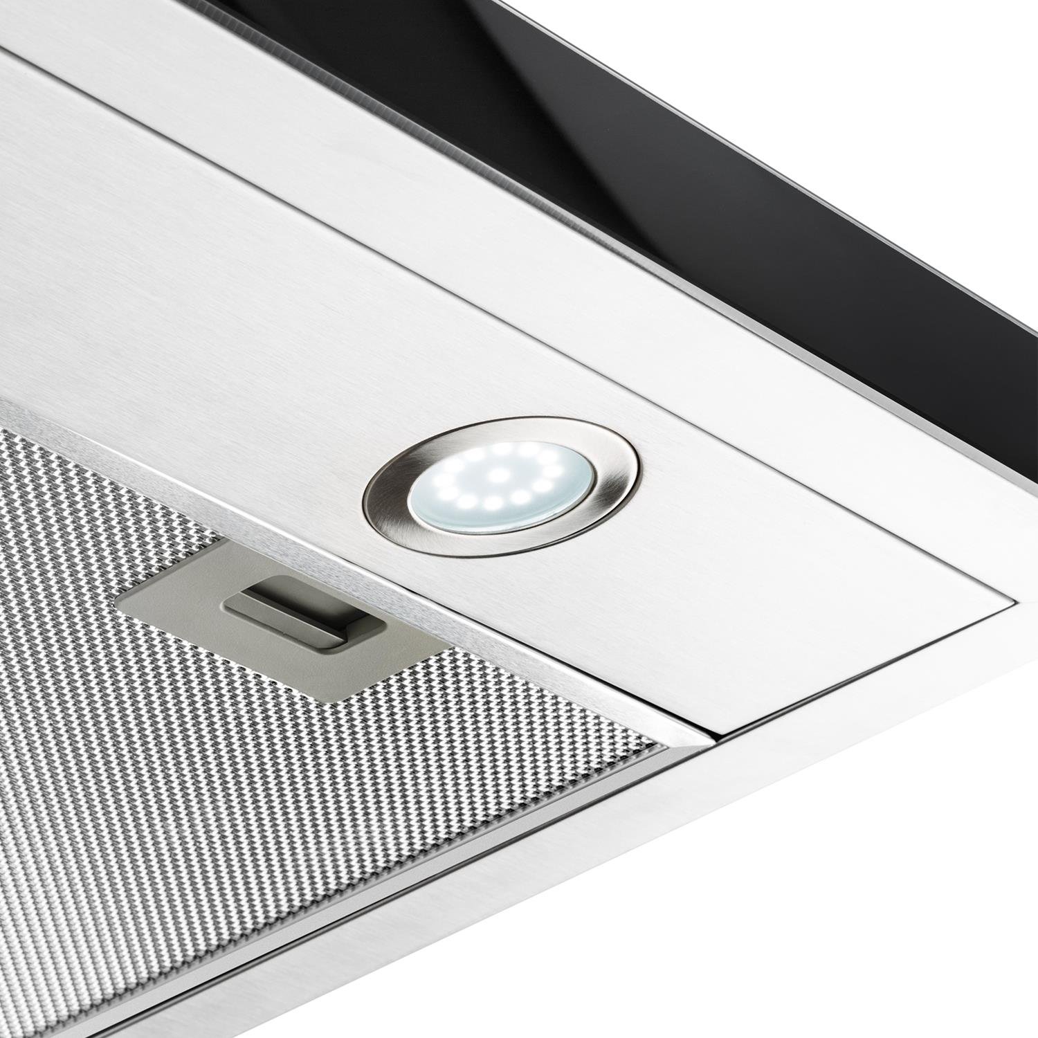 Klarstein Madonna - Cappa Aspirante ad Isola, Potenza Aria di Scarico 500 m³/h, Larghezza 90 cm, Illuminazione, Touchpad Illuminato con Display, Nero/Argento