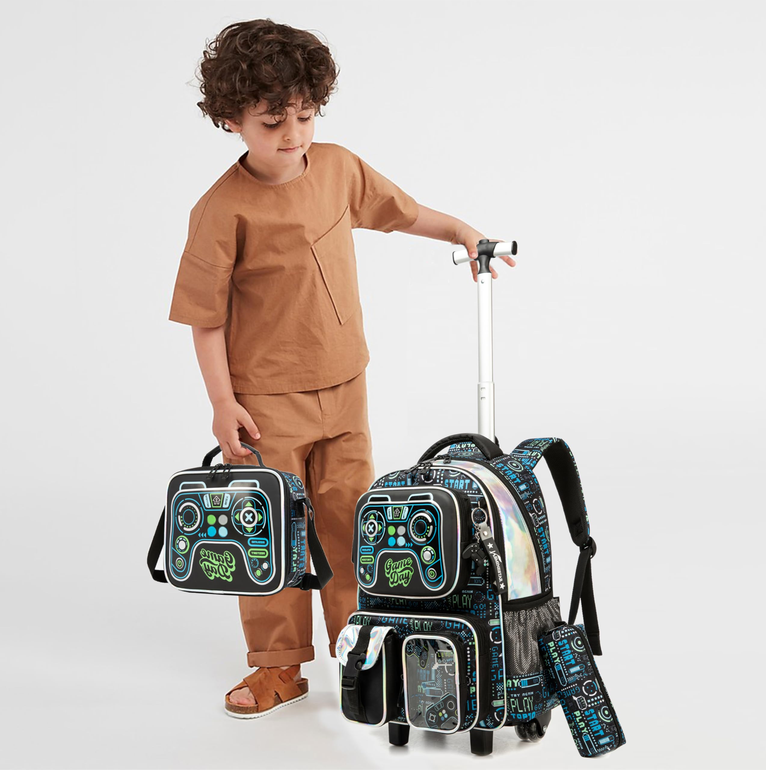 Kinder Rolling Rucksack für Jungen Gamepad Koffer Trolley Roller Gepäck Rucksäcke auf Rädern mit Lunch Box Pencil Case für die Grundschule Mehrere Funktion Taschen Travel school Bag Blau