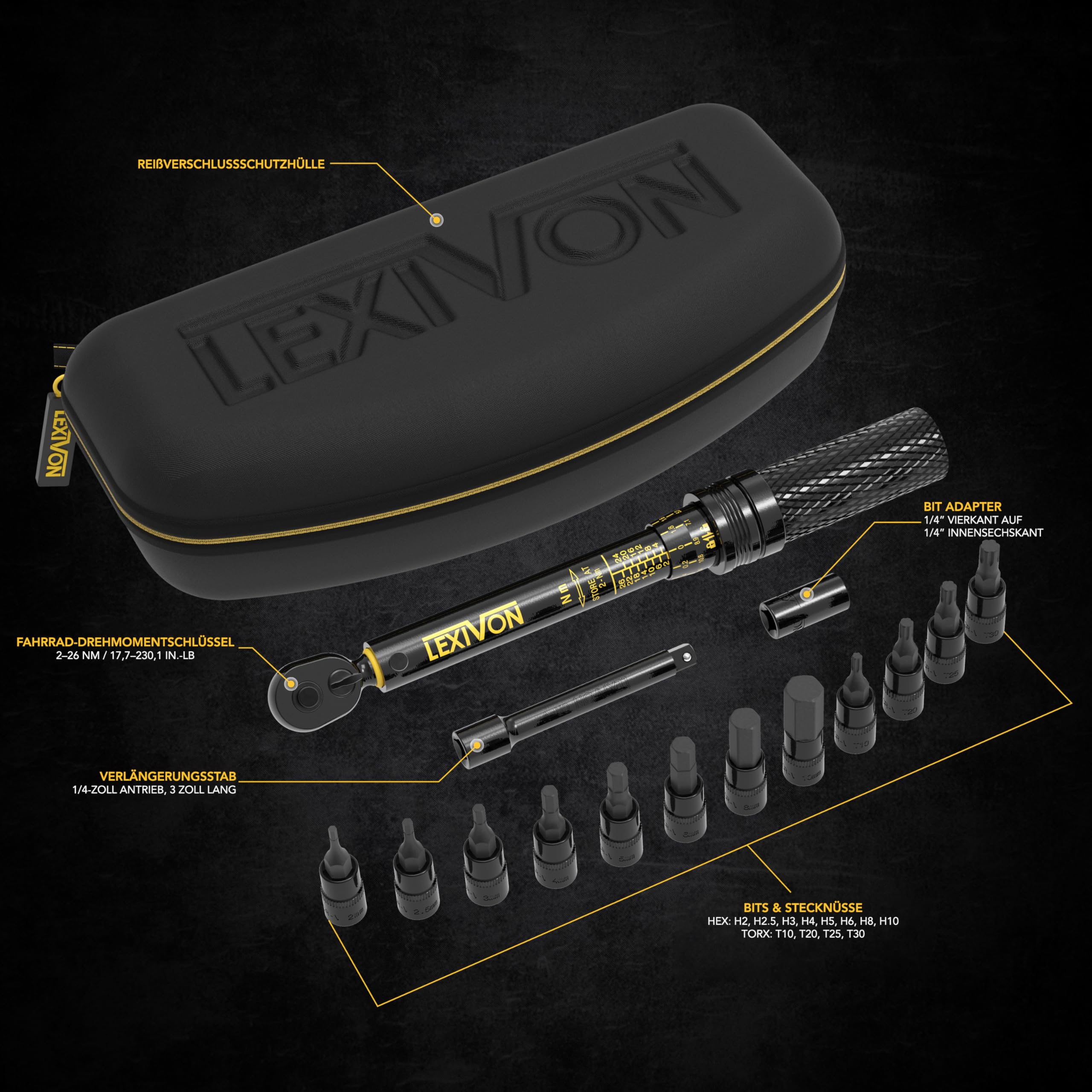 Drehmomentschlüssel 1/4 Zoll 2-26 Nm Torque Wrench Set mit 15-teiligem Innensechskant und Torx Bits