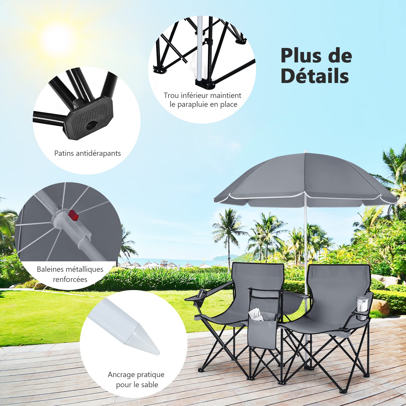 Chaise De Camping 2 Places Avec Parasol Réglable – COSTWAY – Pliante, Glacière Intégrée, Charge 120kg/siège – Bleu - 3