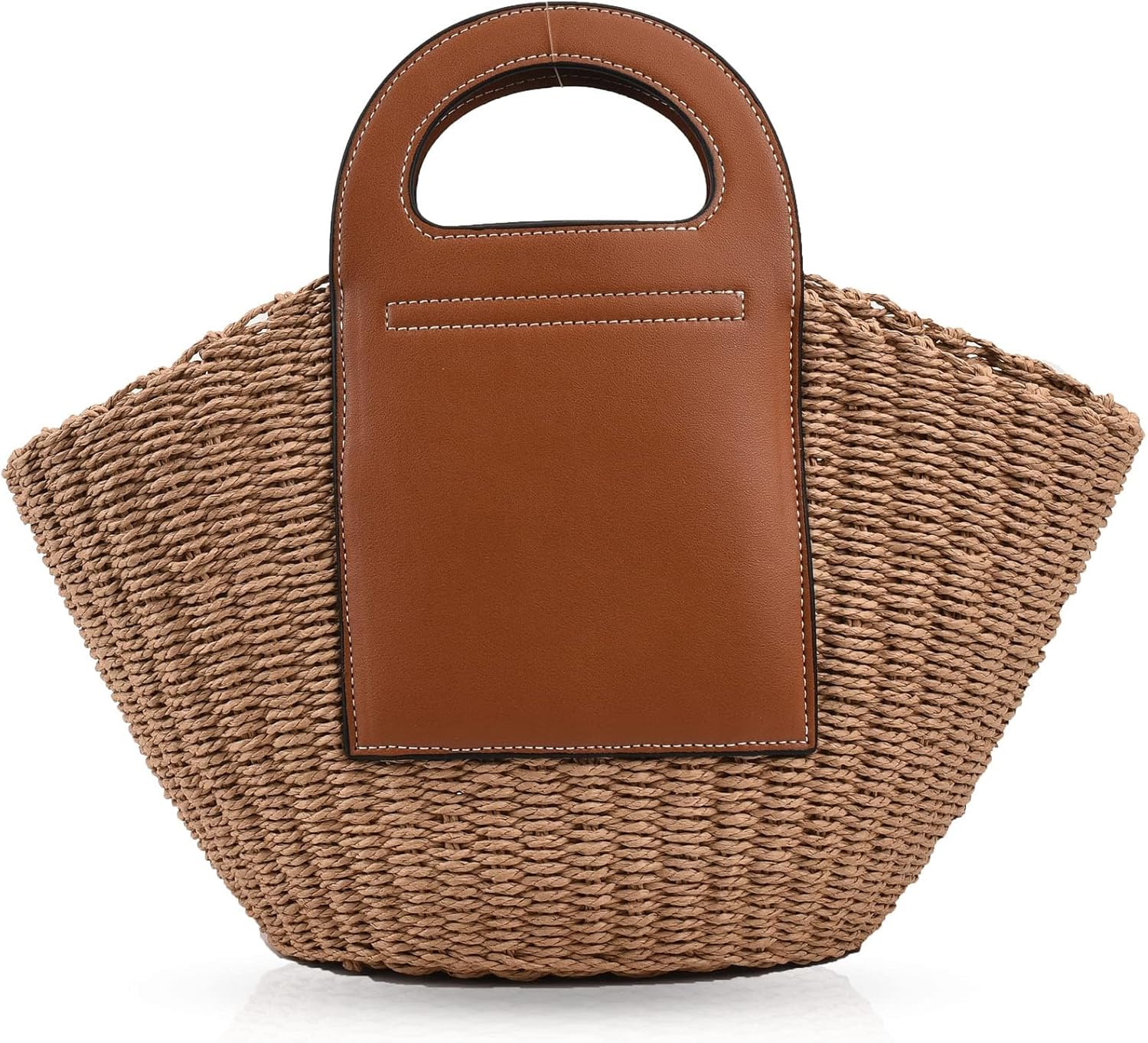 Summer Beach Bag, Hand Made Straw Beach Bag Basket Leather Stitching Tote Bag, Large Capacity Designer Handbags for Vacation Travel Daily(Khaki)