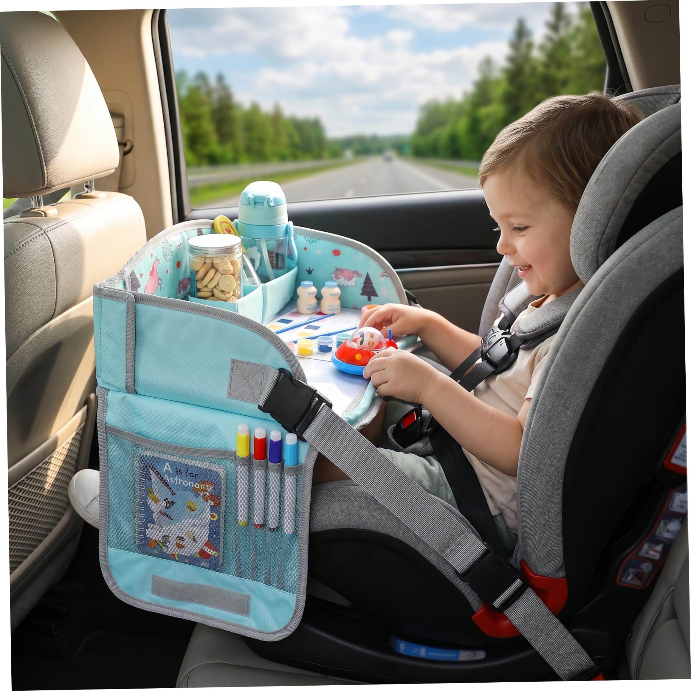 Vassoio da viaggio per bambini Vassoio per seggiolino auto pieghevole per ragazze e ragazzi, verde, tavolo da disegno con tasche portaoggetti