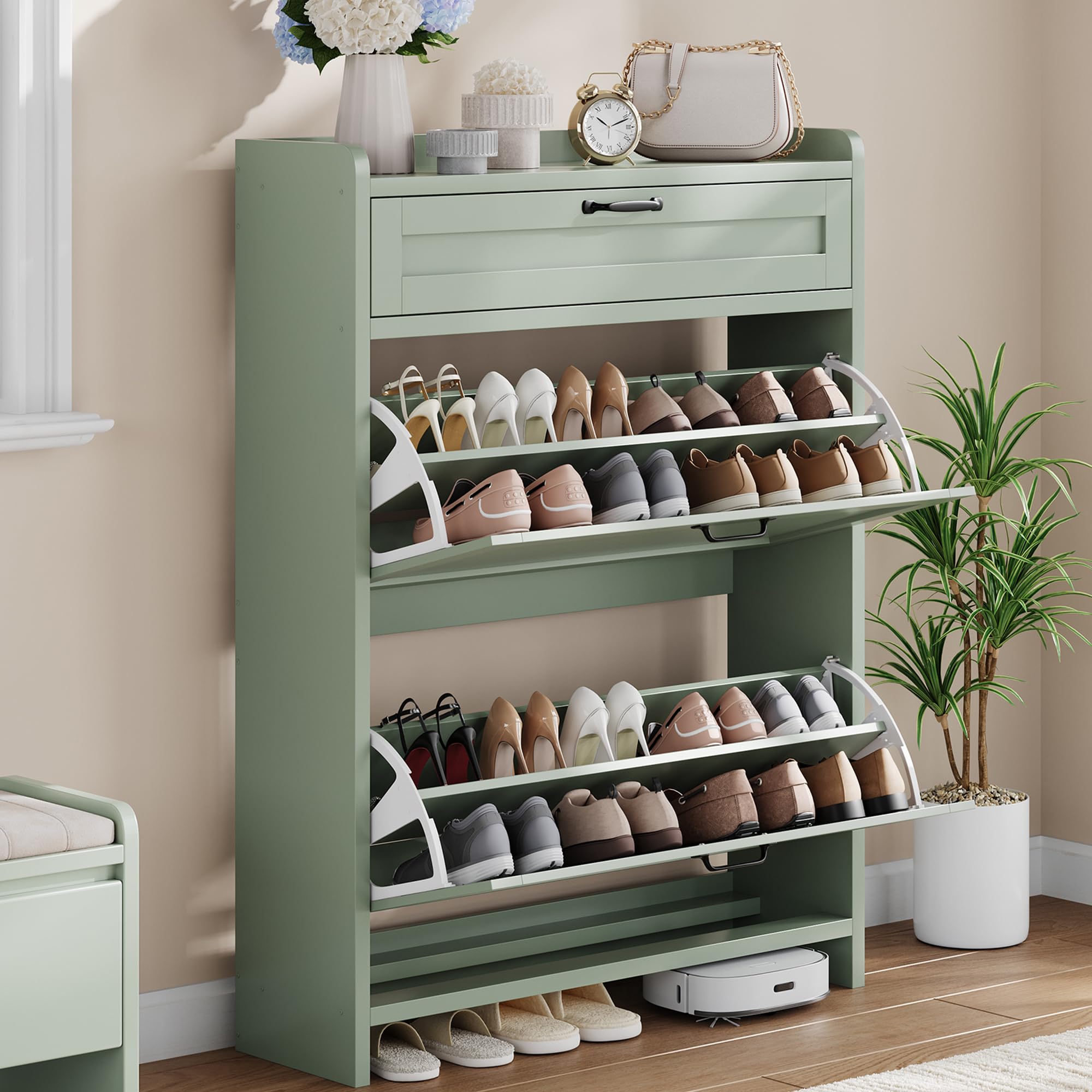 Shoe Cabinet with 2 Flip Drawers & 1 Top Drawer, Wooden Shoe Organizer Cabinet with Adjustable Shelf, Freestanding Shoe Storage Cabinets for Entryway,