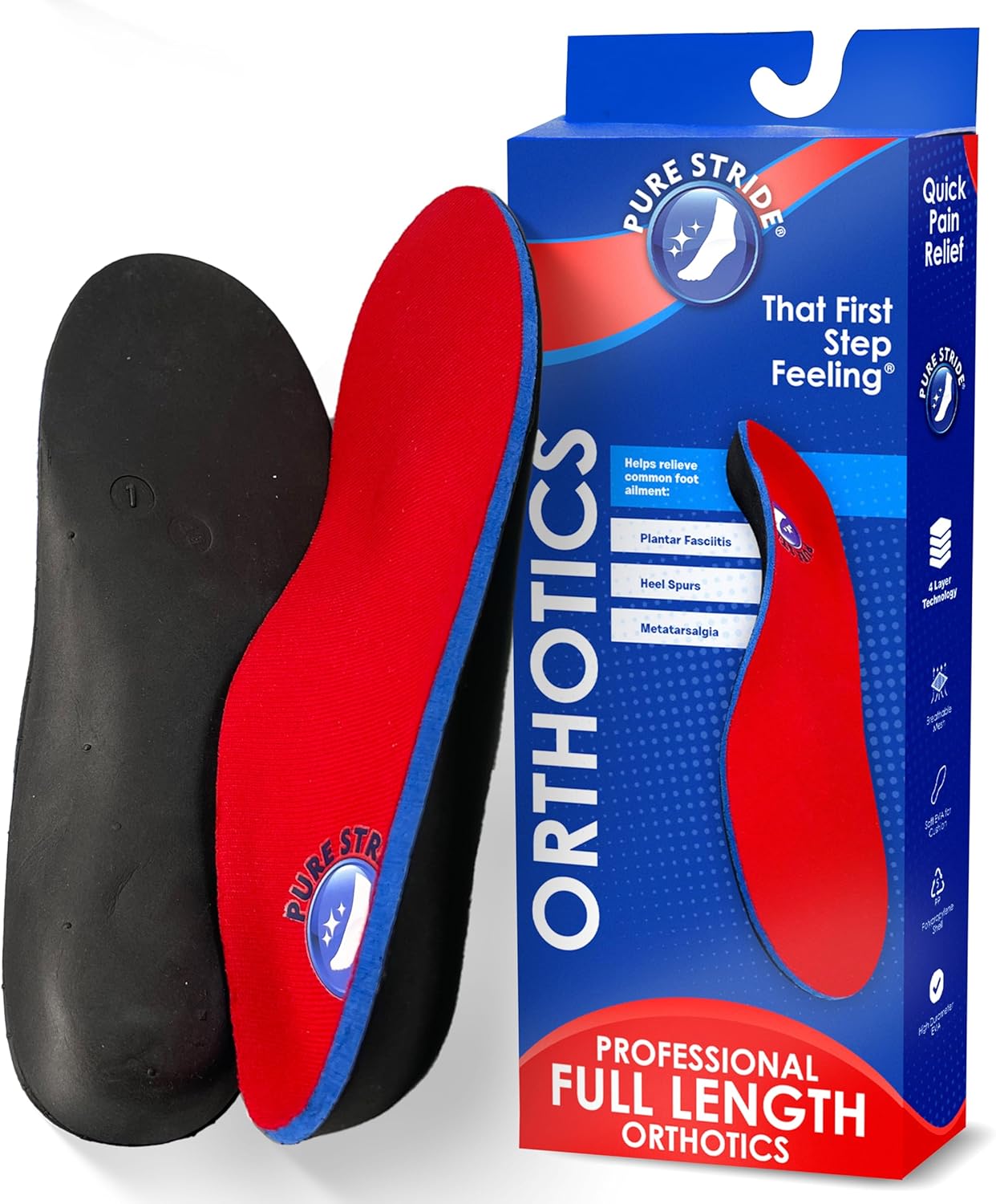 Pure Stride Professional Full Length Orthotics - Shoe Insert & Support for Metatarsals, High Arch, Flat Feet - Pain Relief for Plantar Fasciitis, Arch, Heel - 1 Pair, Men's 10-10.5, Women's 12-12.5 Generation 2 Men's 10-10.5 / Women's 12-12.5