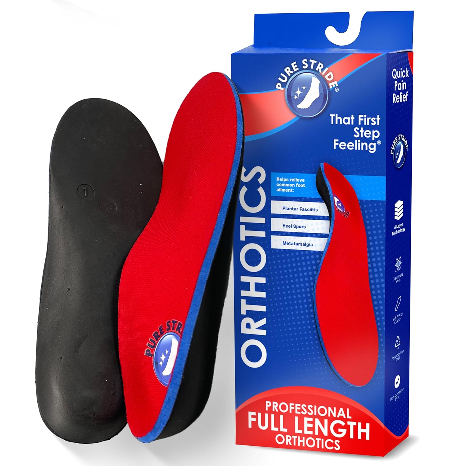 Pure Stride Professional Full Length Orthotics - Shoe Insert Support for Metatarsals High Arch Flat Feet - Pain